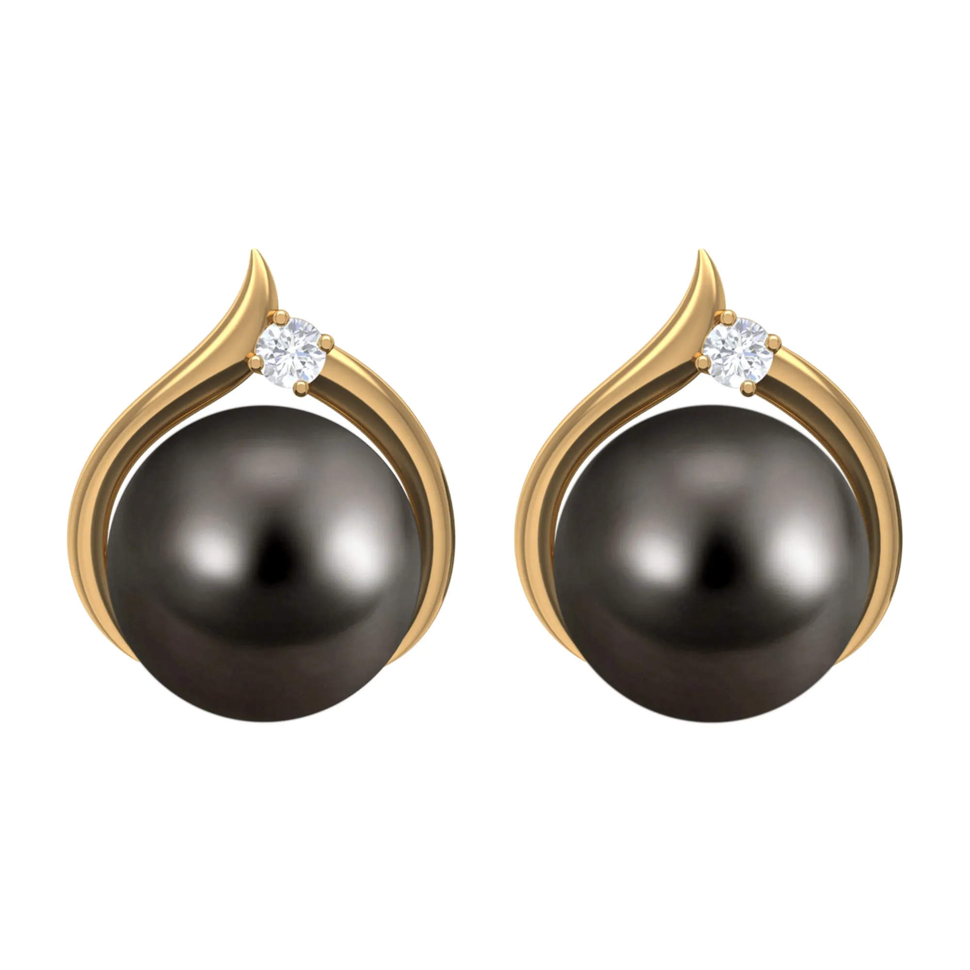 Elegant Black Pearl Solitaire Stud Earrings with Diamond