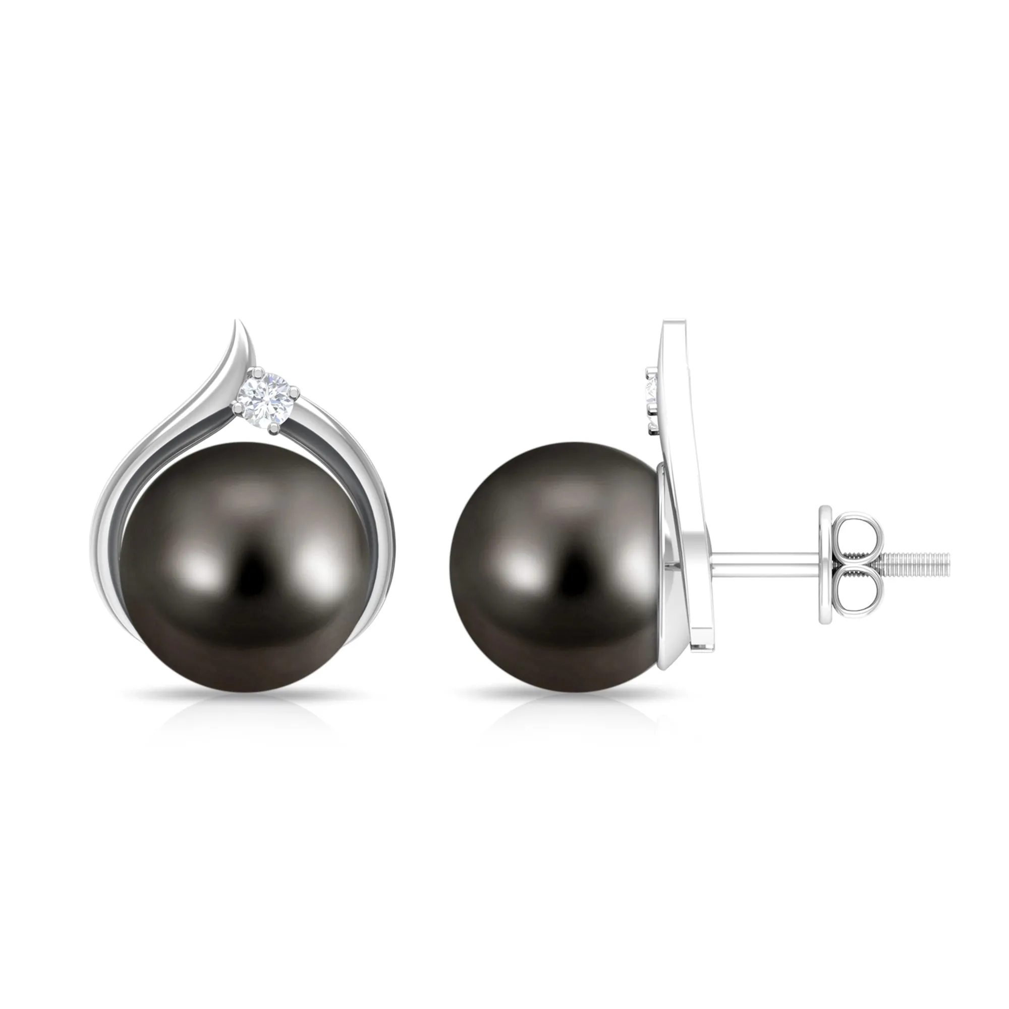 Elegant Black Pearl Solitaire Stud Earrings with Diamond