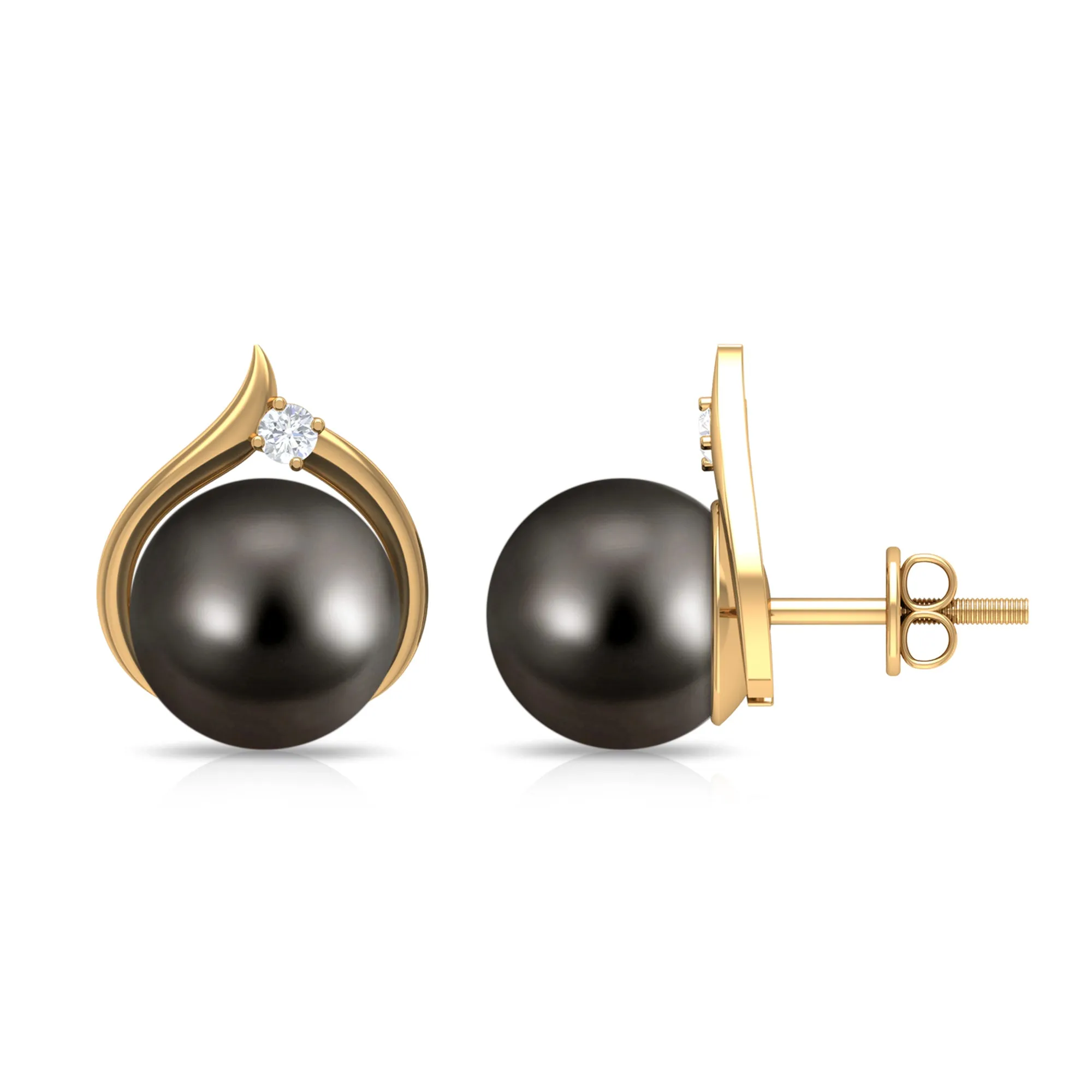 Elegant Black Pearl Solitaire Stud Earrings with Diamond