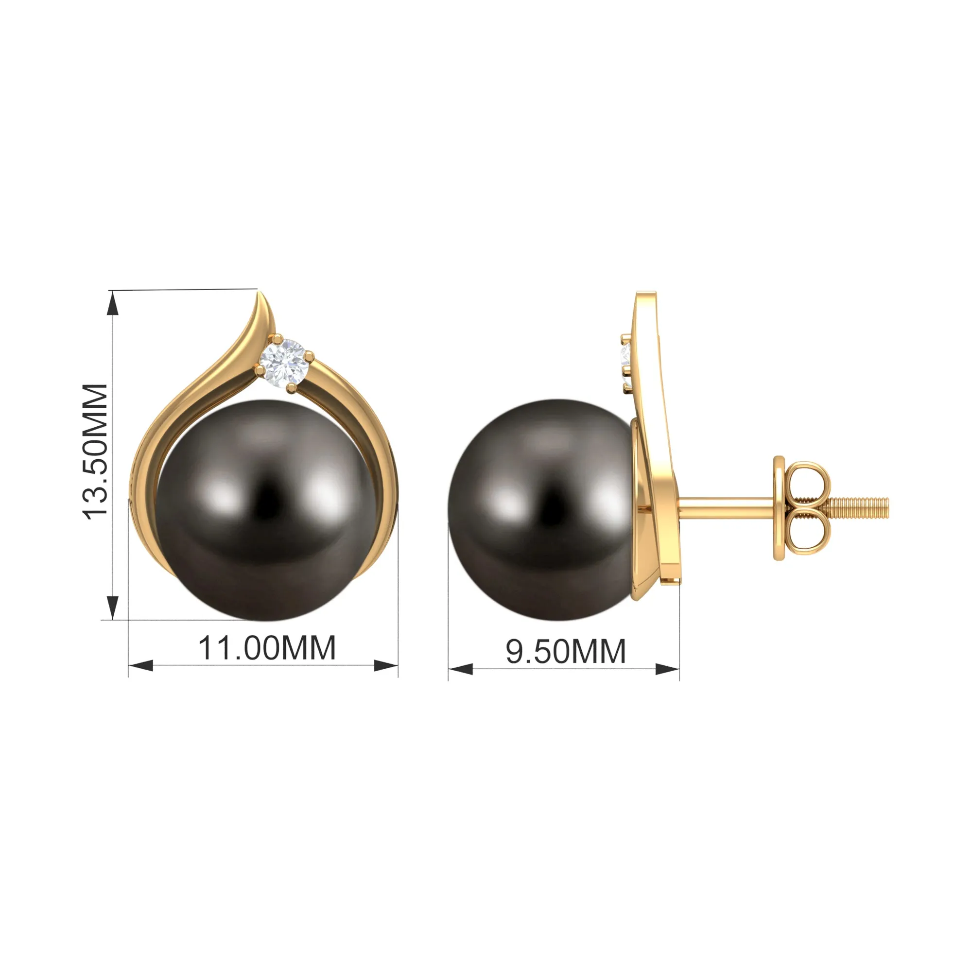 Elegant Black Pearl Solitaire Stud Earrings with Diamond