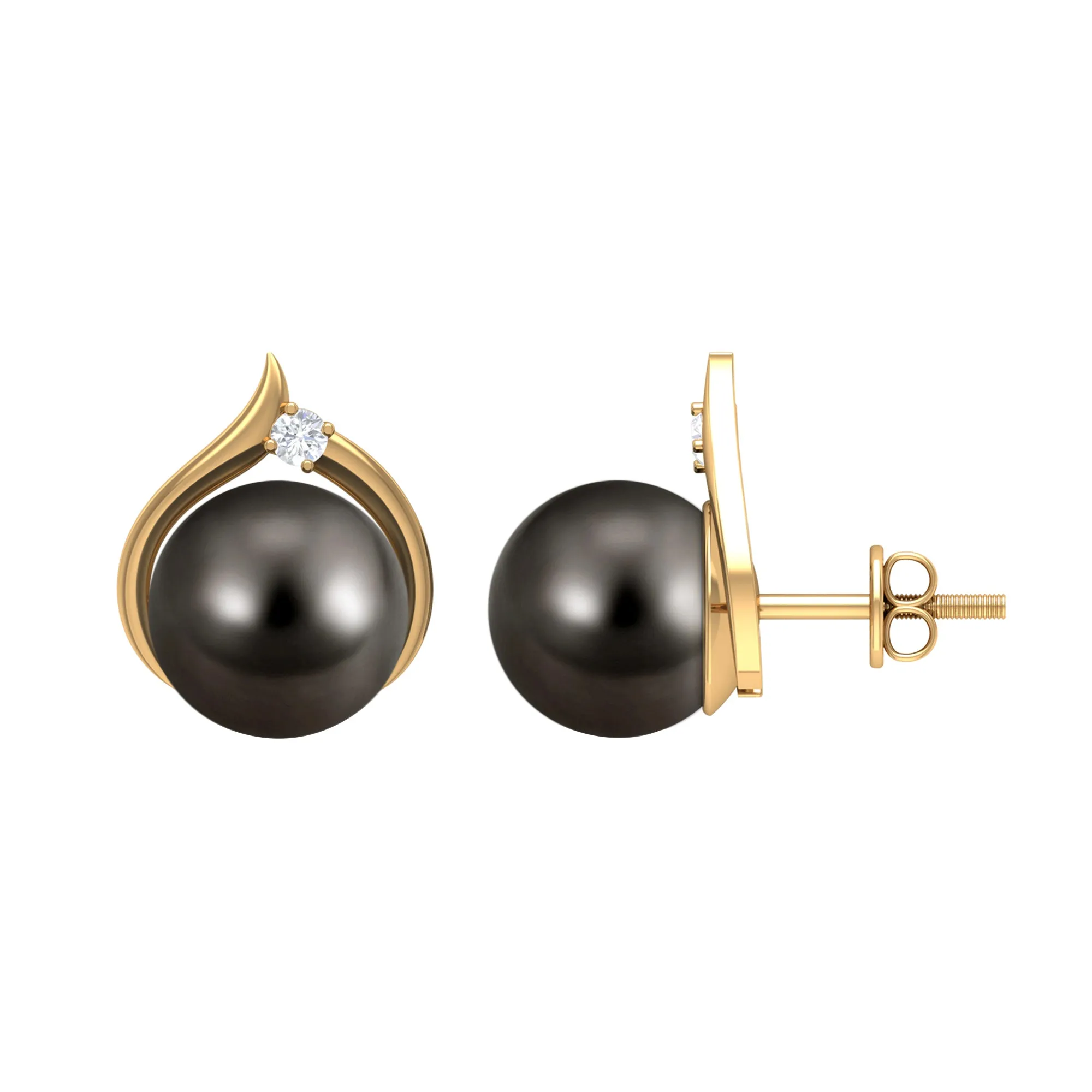 Elegant Black Pearl Solitaire Stud Earrings with Diamond