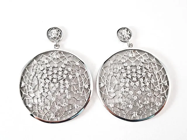 Elegant Unique Round Open Web Design Pattern CZ Dangle Silver Earrings