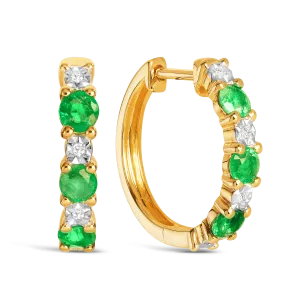 Emerald & Diamond Huggie Hoop Earrings in 9ct Yellow Gold