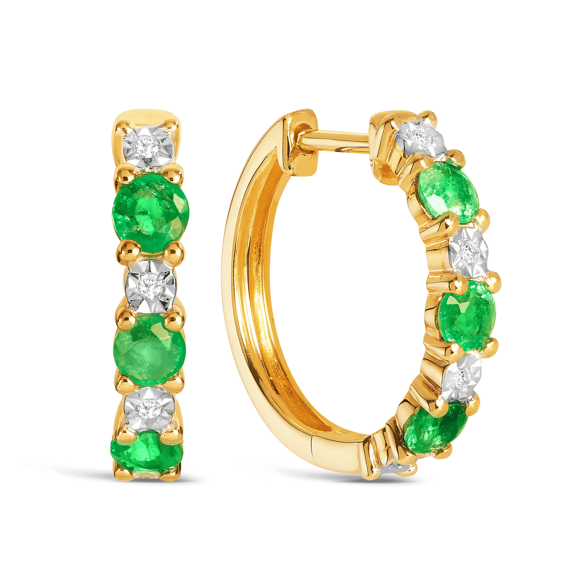 Emerald & Diamond Huggie Hoop Earrings in 9ct Yellow Gold