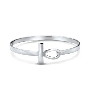 Fine Sterling Silver Ankh Cross Bangle Bracelet - Spiritual Key of Life Jewelry