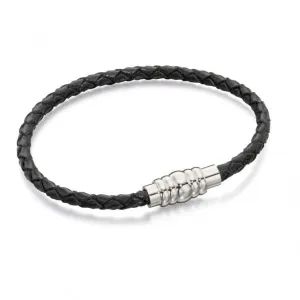 Fred Bennett Skinny Stainless Steel Black Leather Magnetic Bracelet B4726