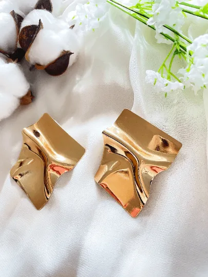 Geometric - Gold irregular shaped earrings| Crumpled geometric earrings | Oversize statement earrings | Korean earrings | gift for her