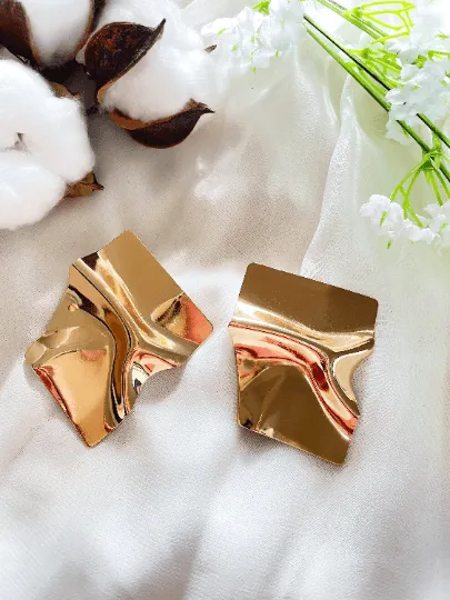 Geometric - Gold irregular shaped earrings| Crumpled geometric earrings | Oversize statement earrings | Korean earrings | gift for her