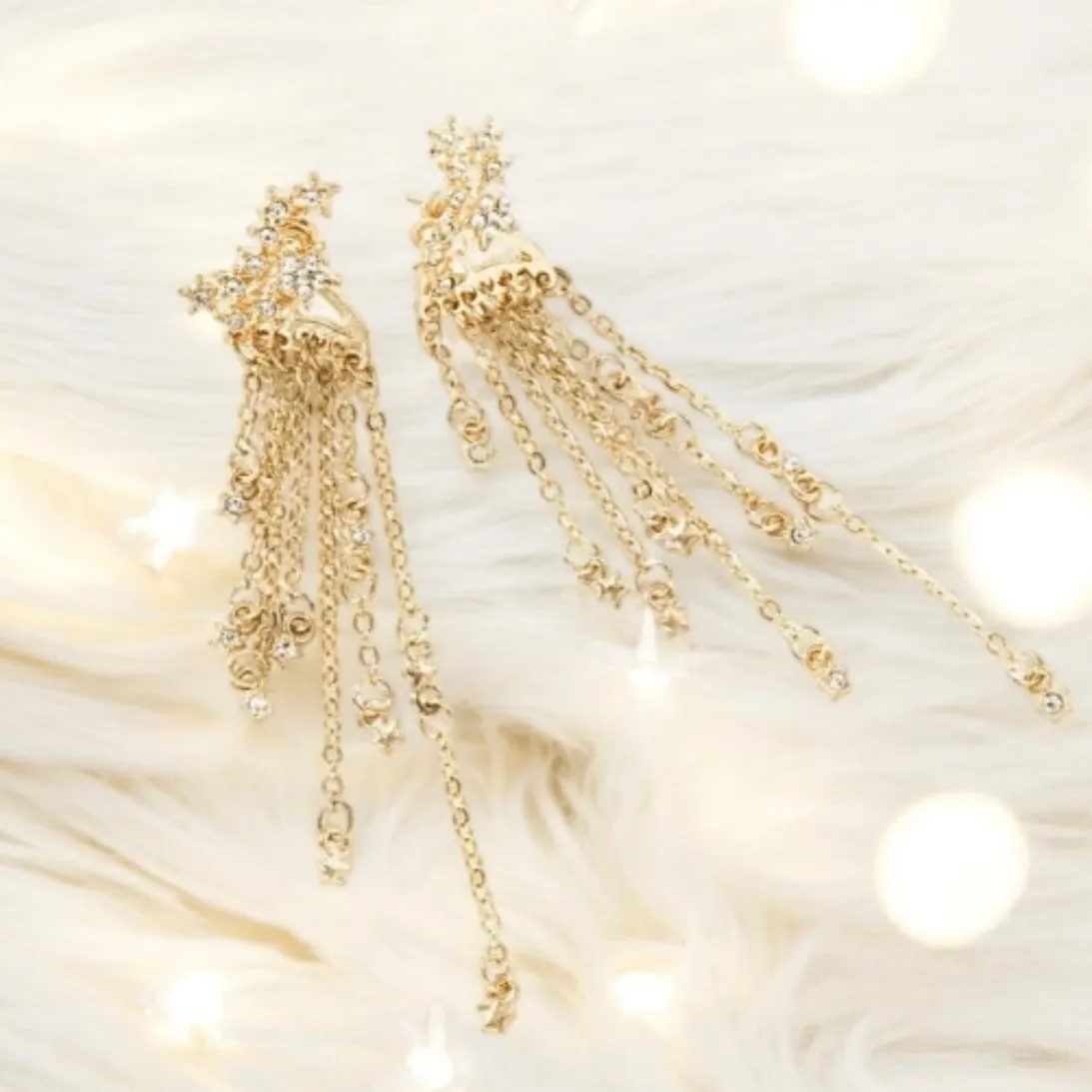 Gold chain glittering star constellations earrings| Golden diamante dangle earrings | Statement earrings | Celestial crystal bead chain jacket earrings