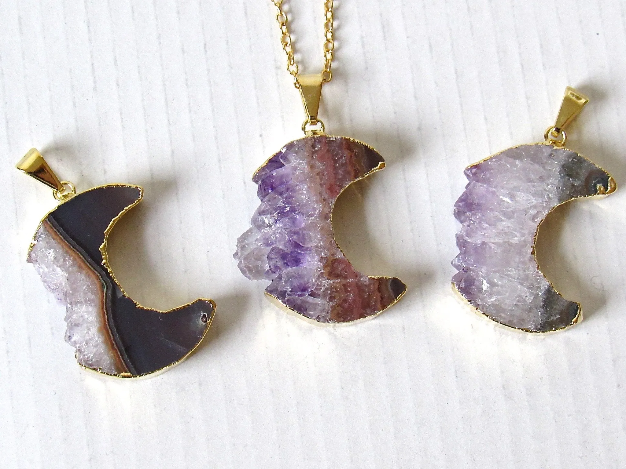 Gold Crescent Moon Amethyst Slice Necklaces