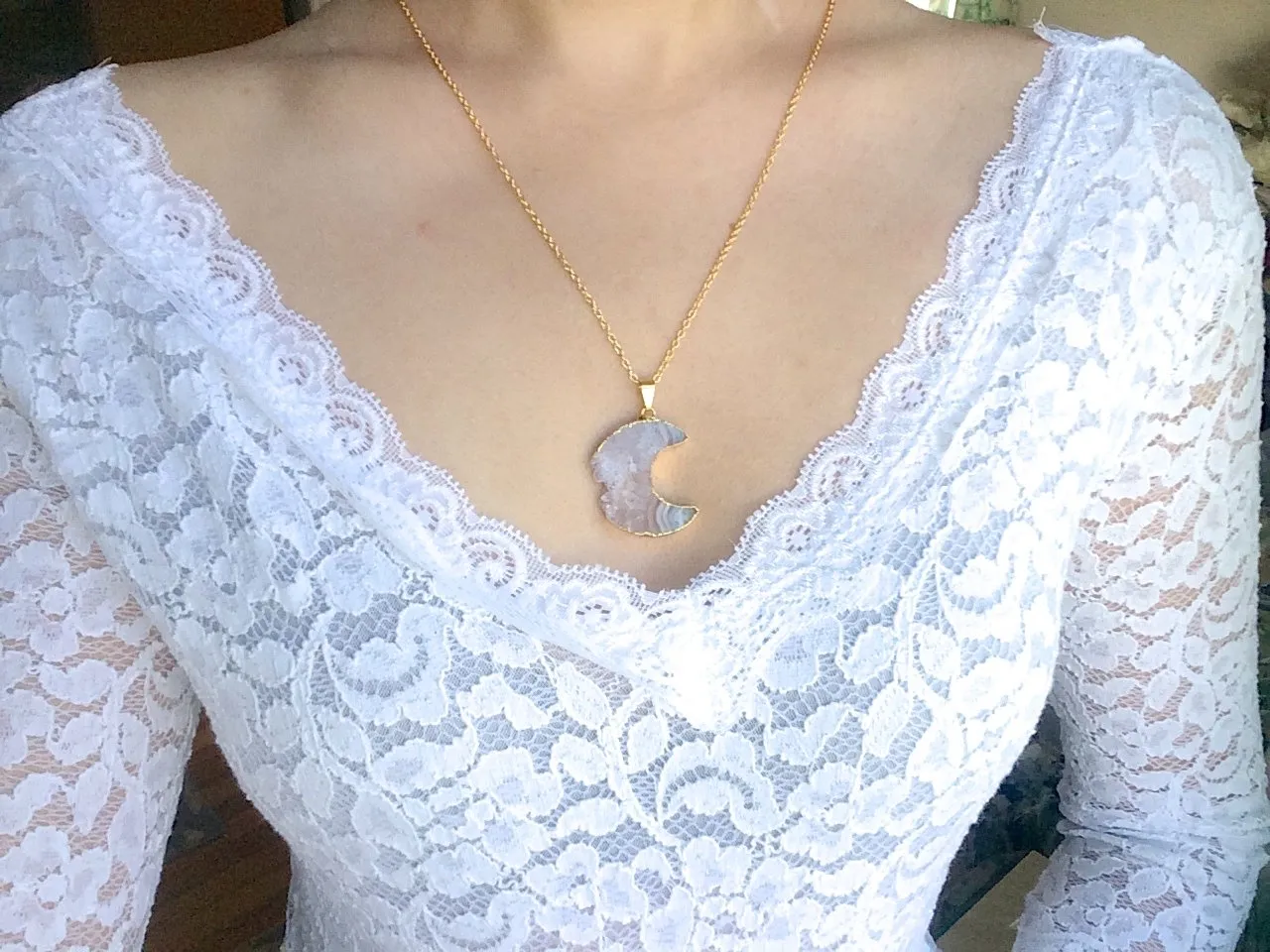 Gold Crescent Moon Amethyst Slice Necklaces