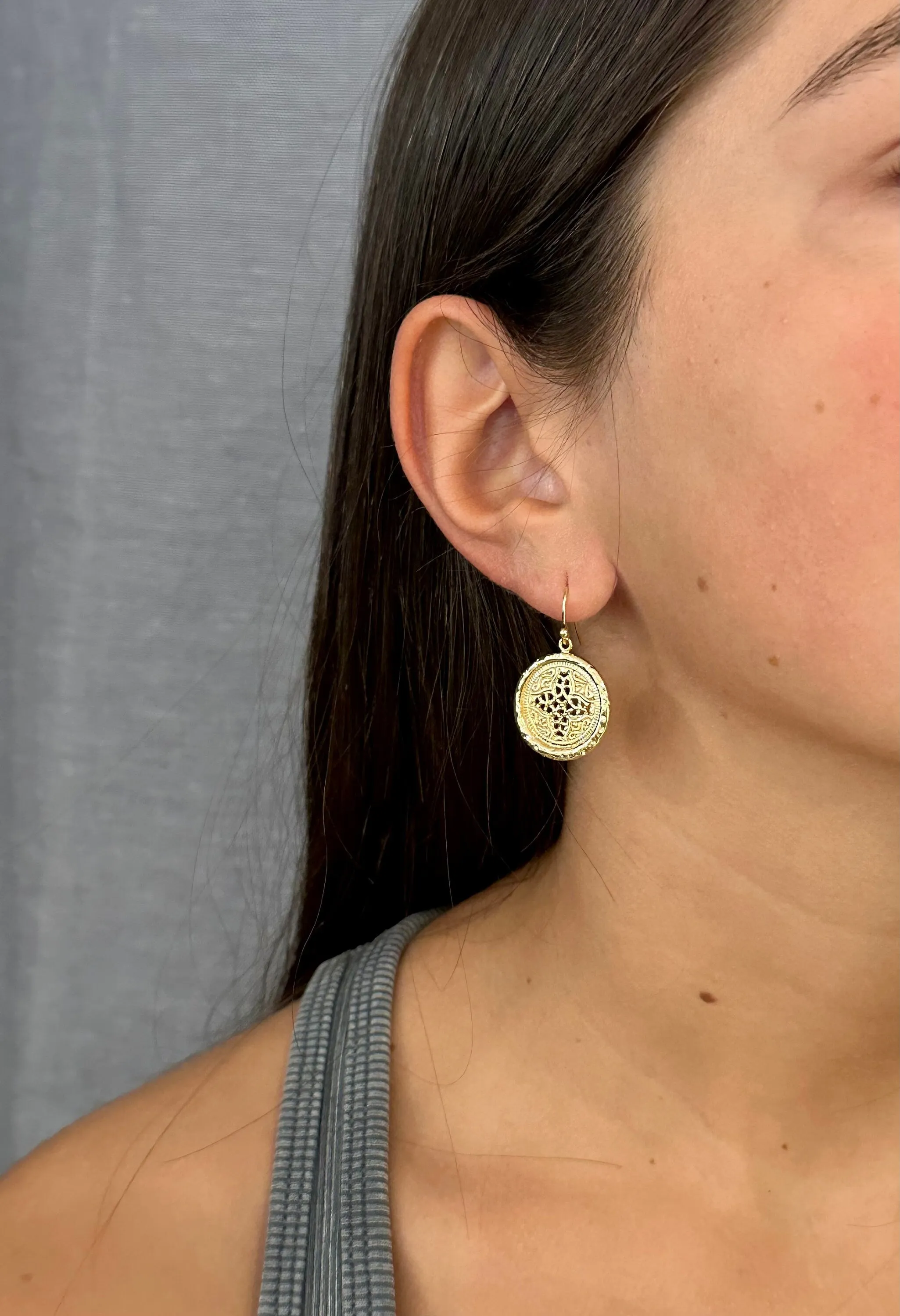 Gold Patterned Disc Earrings