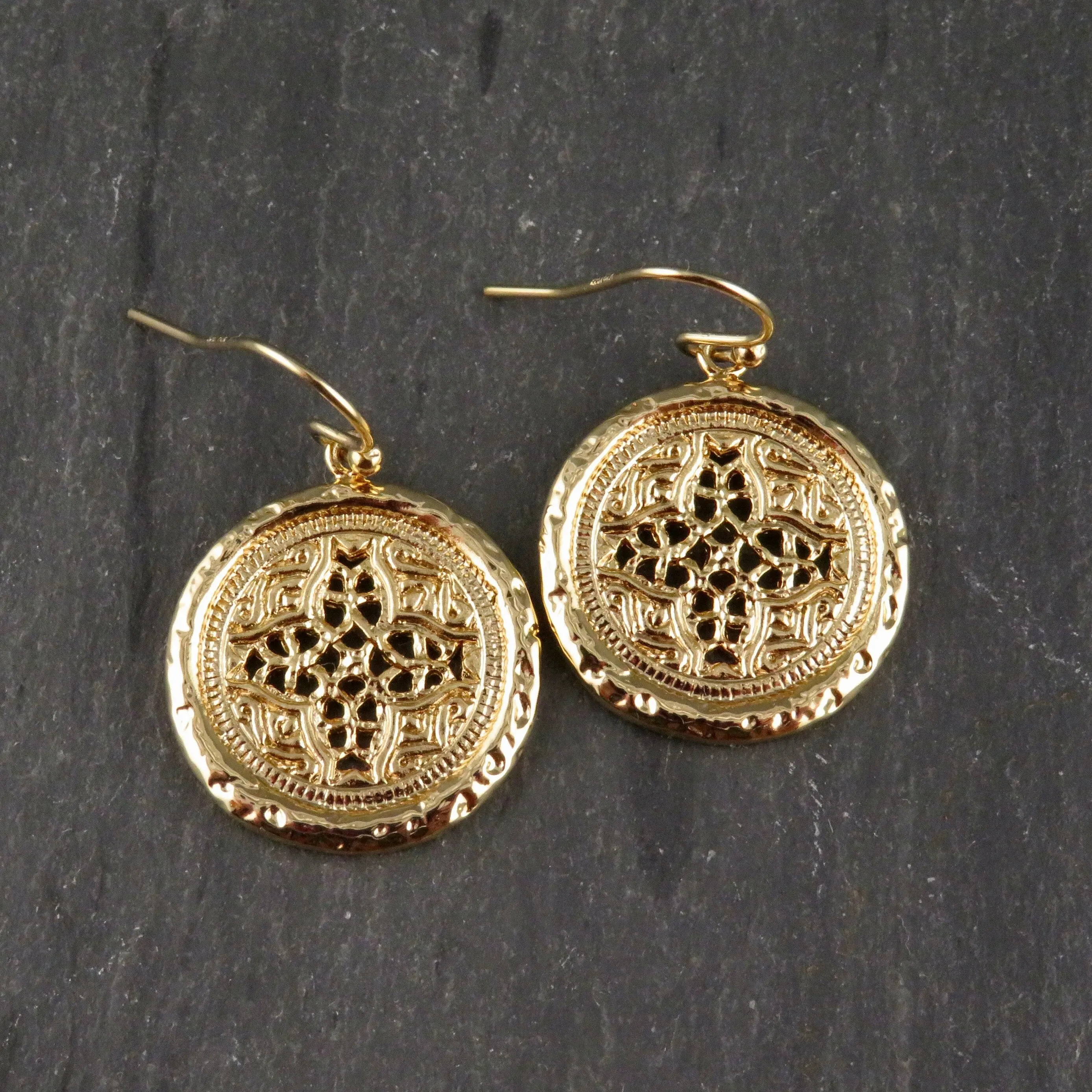 Gold Patterned Disc Earrings