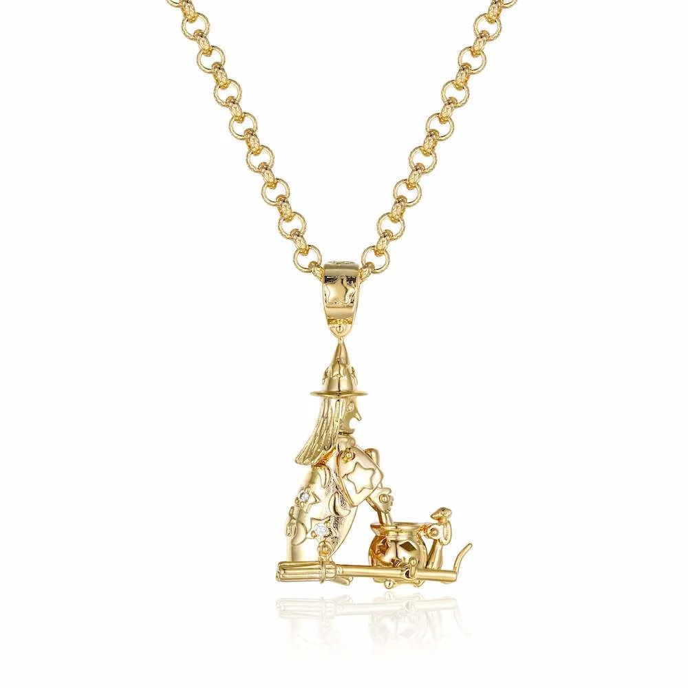 Gold Witch with Cauldron Pendant 22 Inch 4mm Belcher Chain