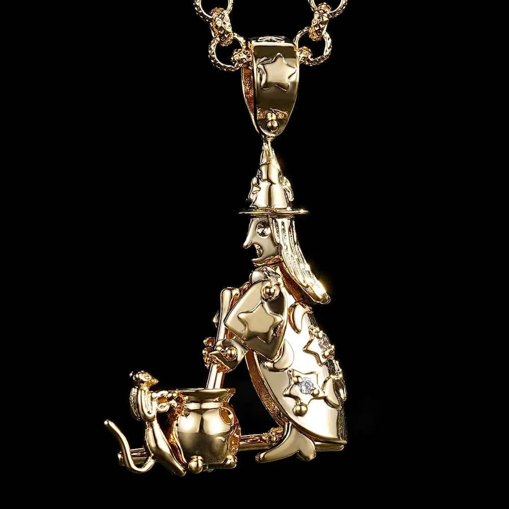 Gold Witch with Cauldron Pendant 22 Inch 4mm Belcher Chain