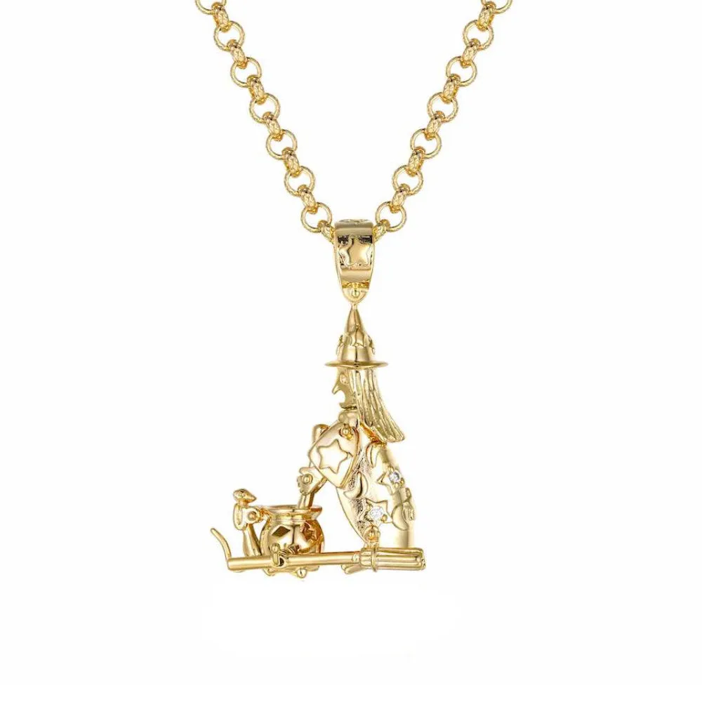 Gold Witch with Cauldron Pendant 22 Inch 4mm Belcher Chain