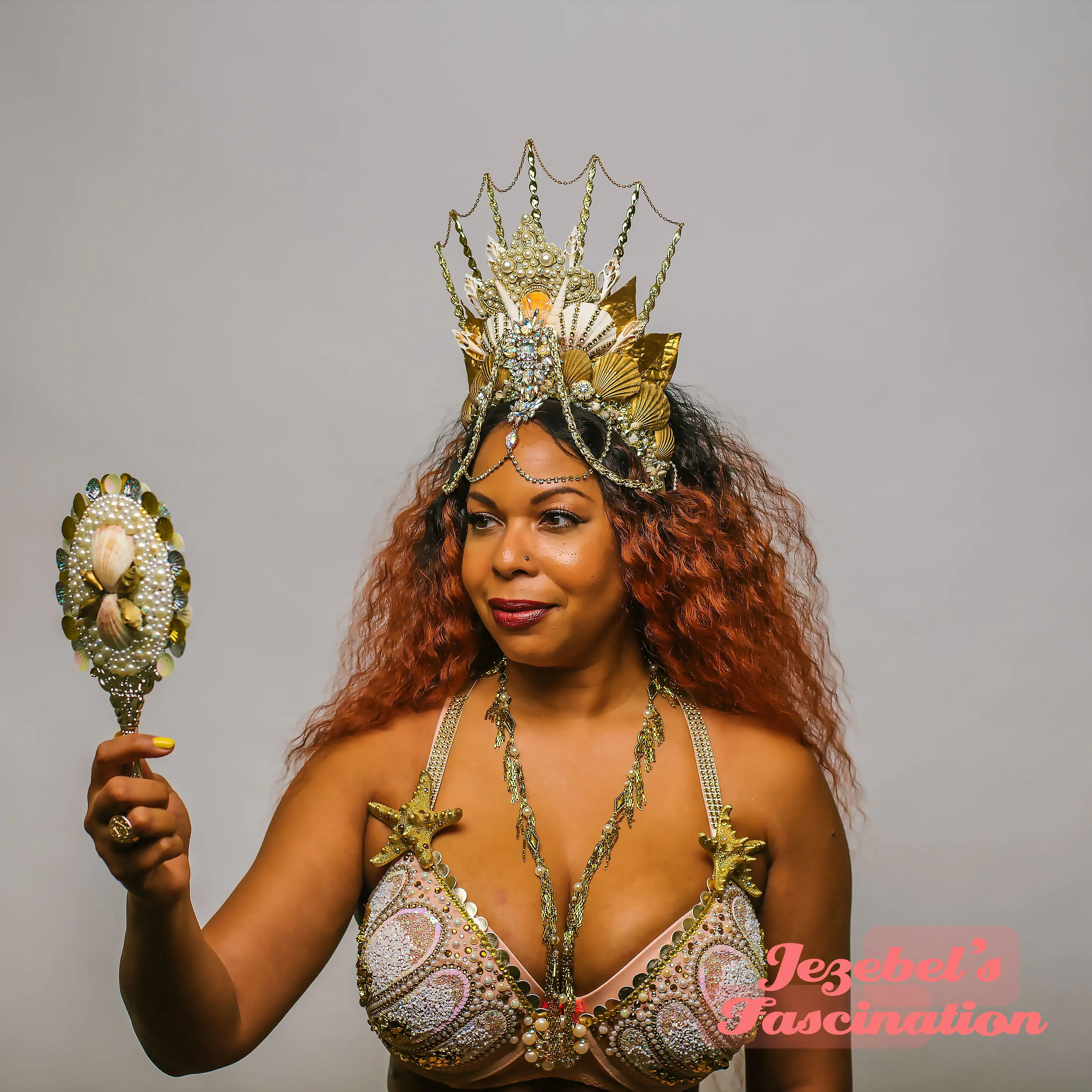 Golden Mermaid Fantasy Crown Seashell Pearl Nymph Headpiece Siren Queen Empress Maternity Costume Headdress Burlesque Belly Dance Fantasy Goddess Calypso Aquatic Sprite Amphitrite Atargatis Aquarius Mardi Gras Cosplay Costume Carnival