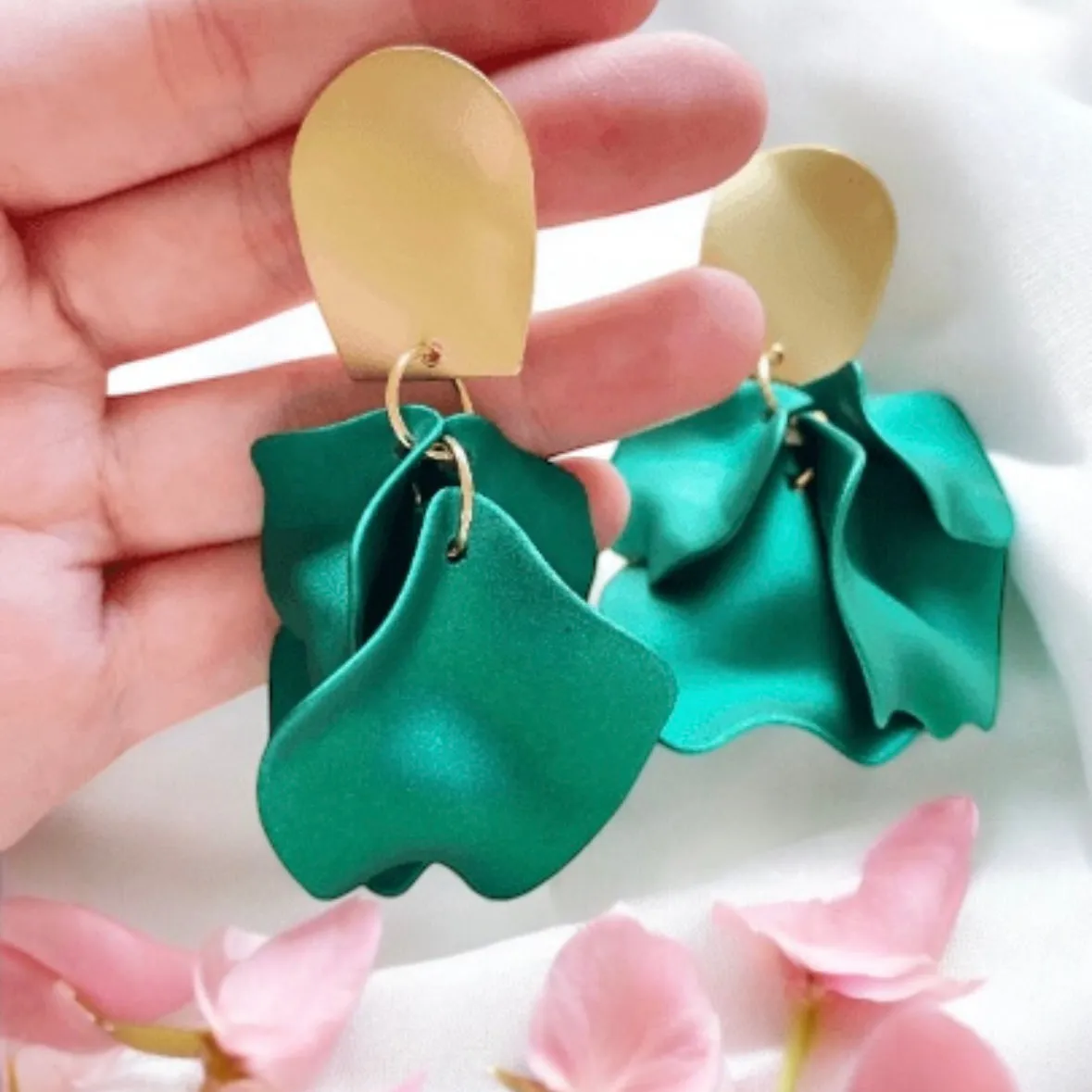 Green - Emerald green iridescent flower earrings |dangly earrings | frosted petals hoop statement earrings | unique gold geometric floral earrings