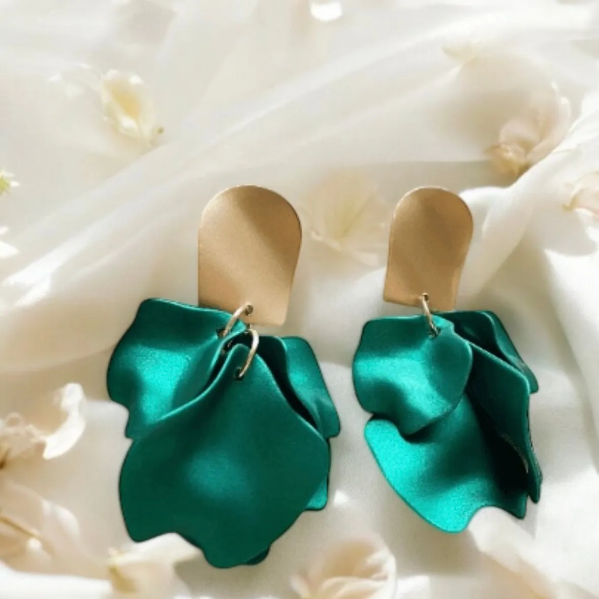 Green - Emerald green iridescent flower earrings |dangly earrings | frosted petals hoop statement earrings | unique gold geometric floral earrings