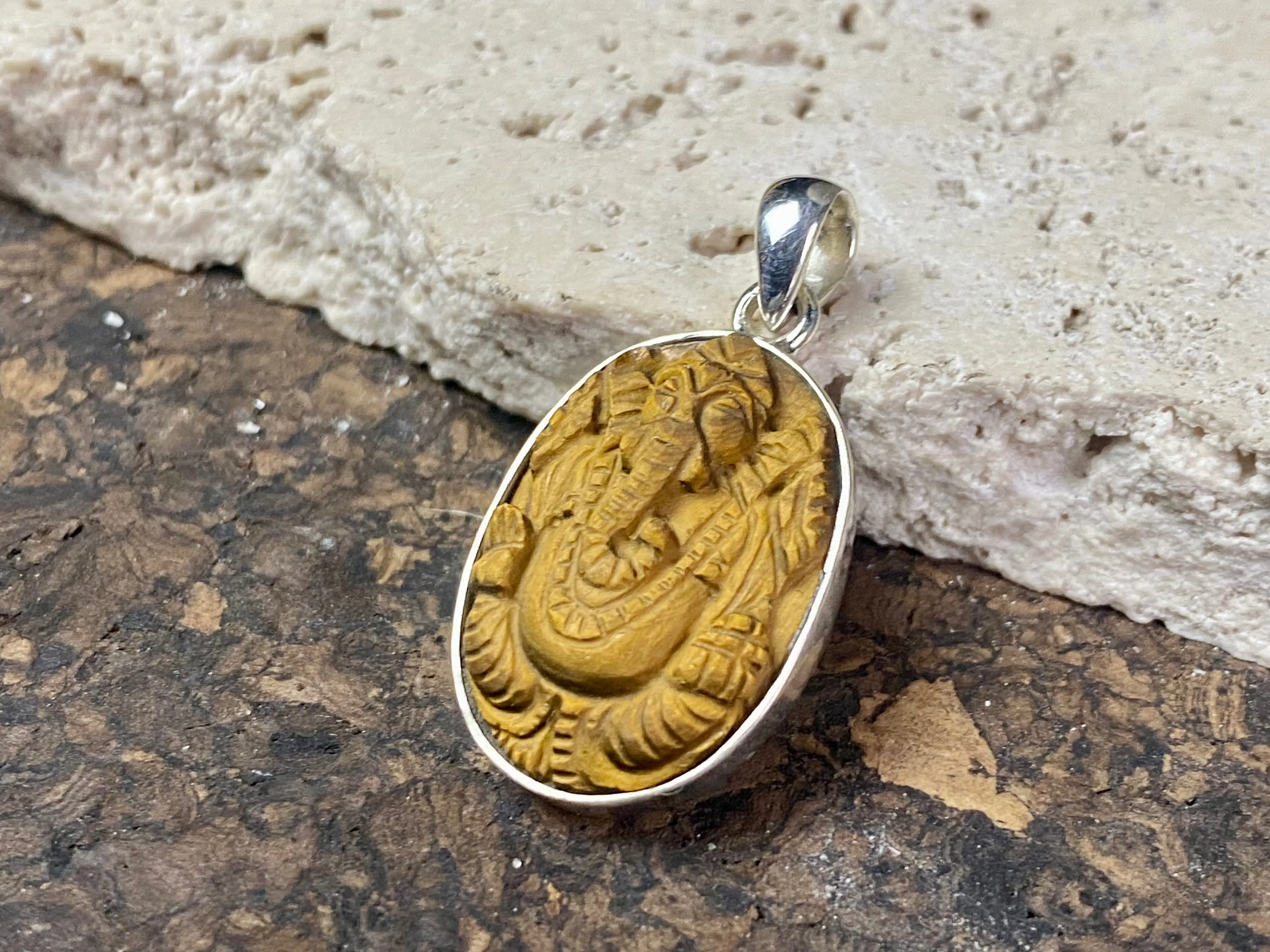 Hand Carved Ganesh Pendants in Tigers Eye and Sterling Silver