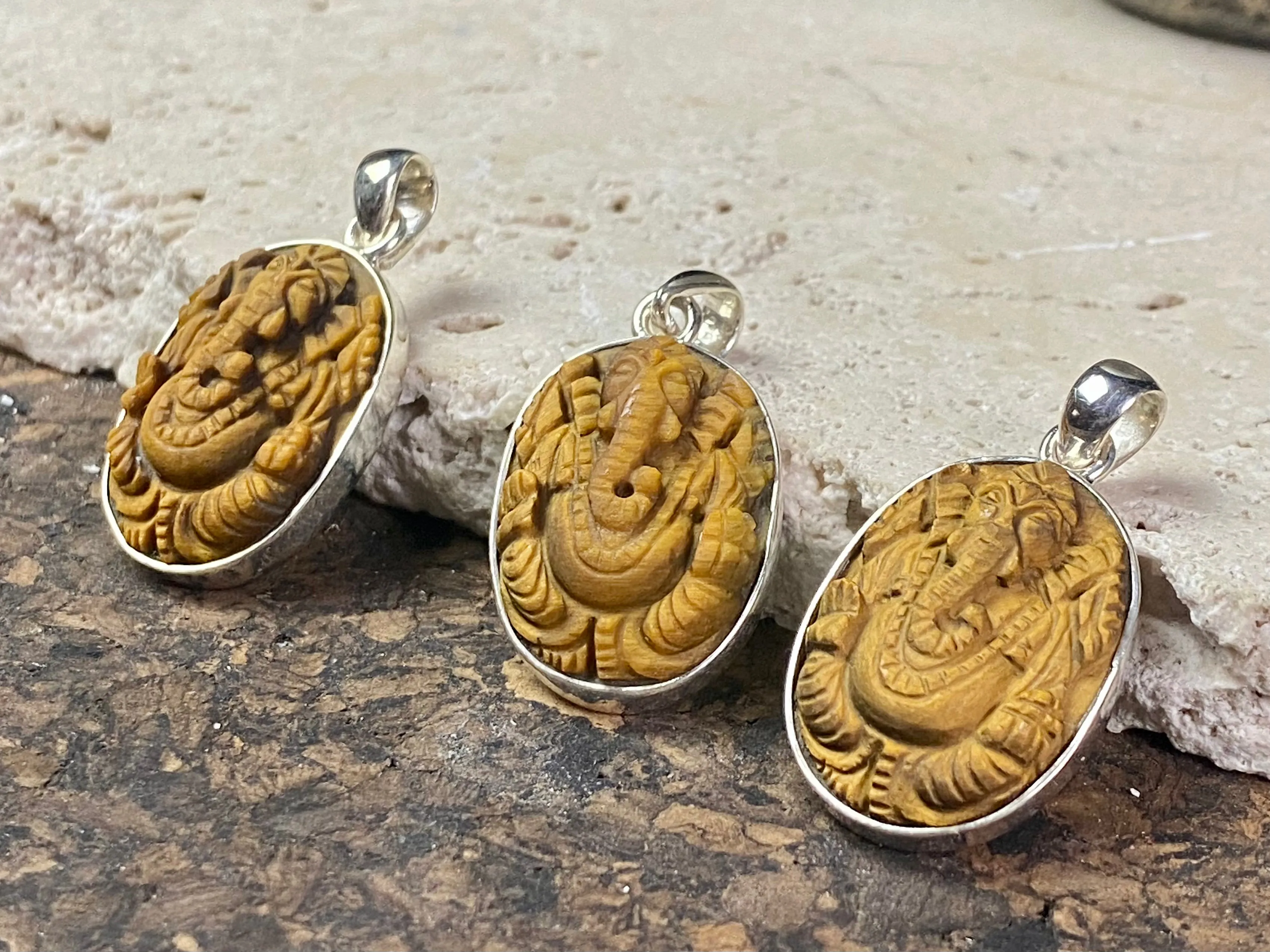 Hand Carved Ganesh Pendants in Tigers Eye and Sterling Silver