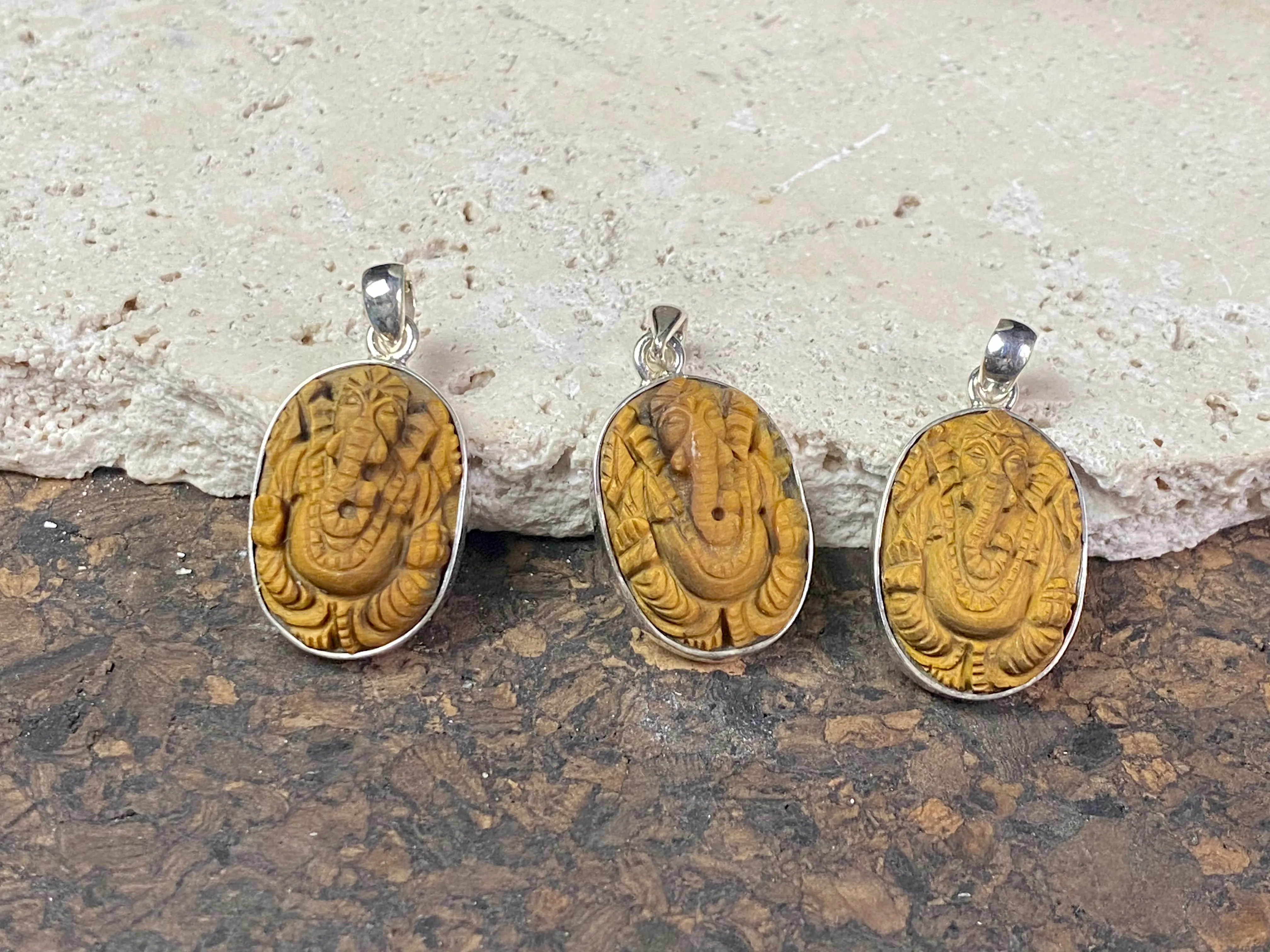 Hand Carved Ganesh Pendants in Tigers Eye and Sterling Silver