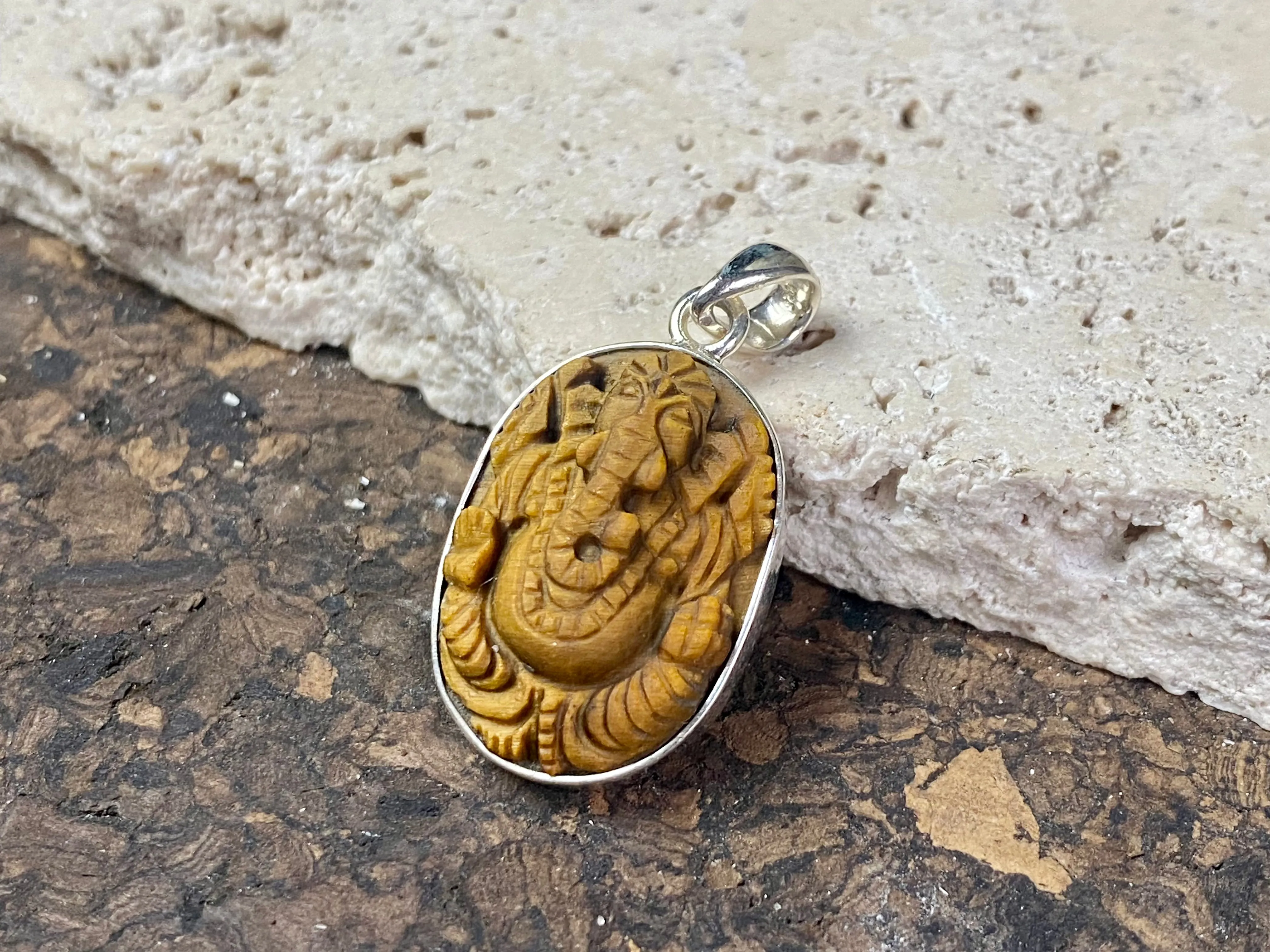 Hand Carved Ganesh Pendants in Tigers Eye and Sterling Silver