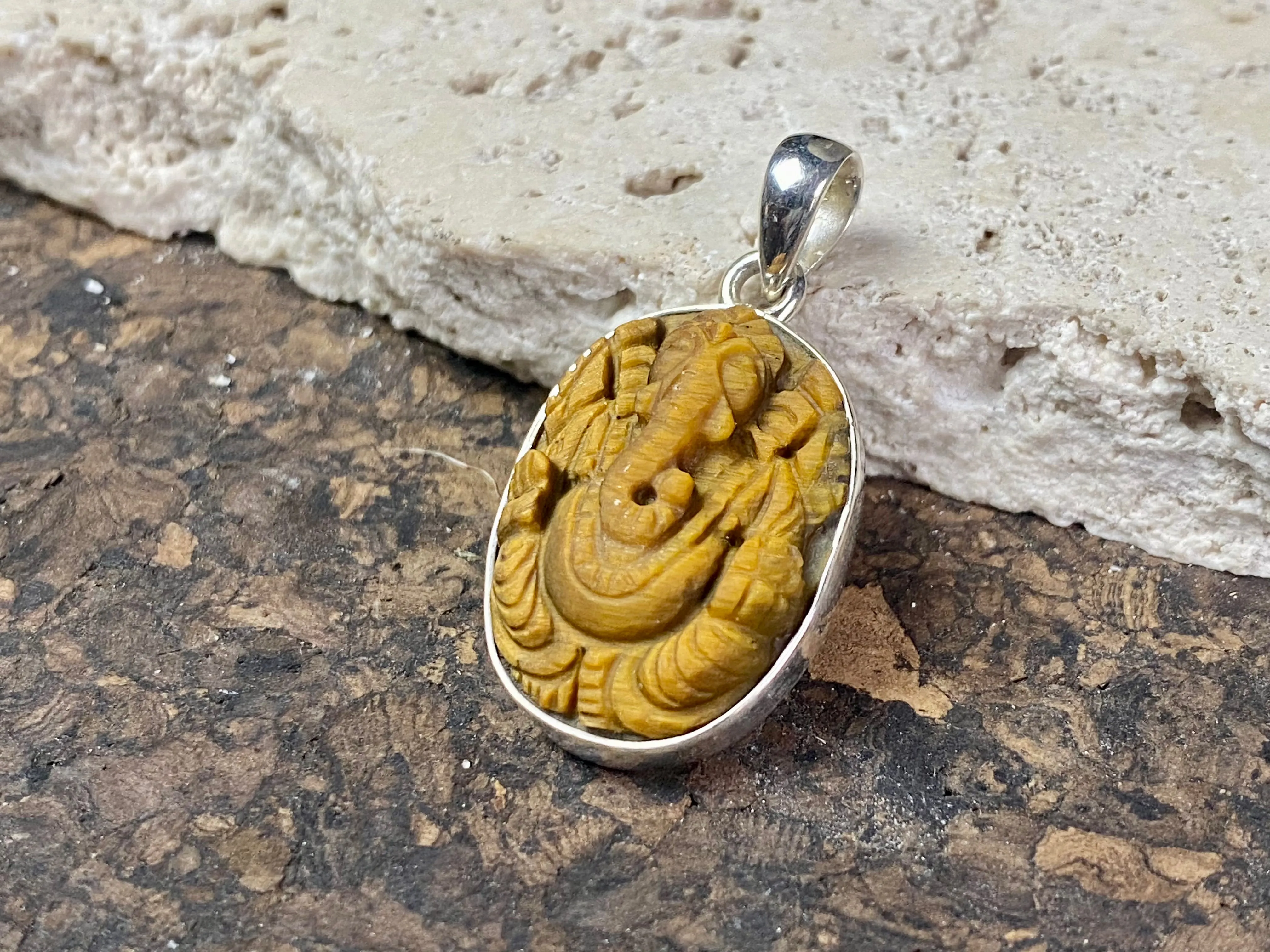 Hand Carved Ganesh Pendants in Tigers Eye and Sterling Silver