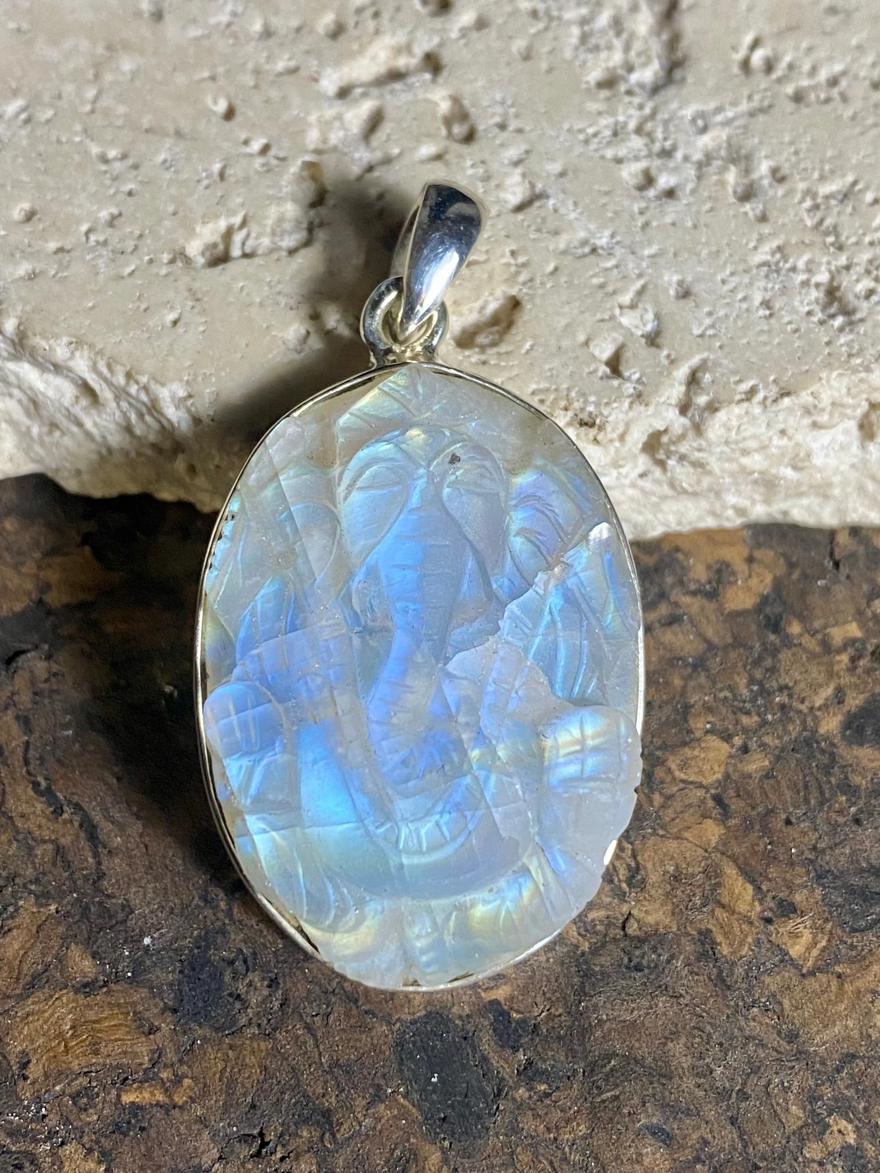 Hand Carved Rainbow Moonstone Ganesh Pendants