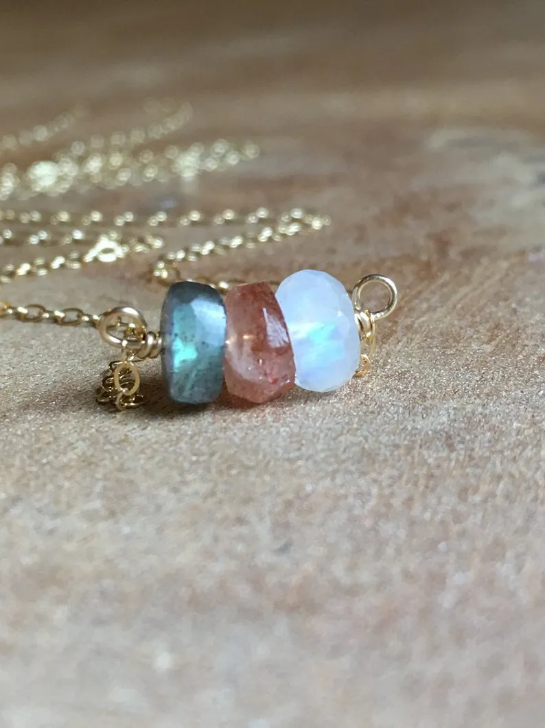 Healing Necklace - Raw Stone Necklace - Moonstone Labradorite Sunstone Necklace - Crystal Healing Jewelry - Silver or Gold