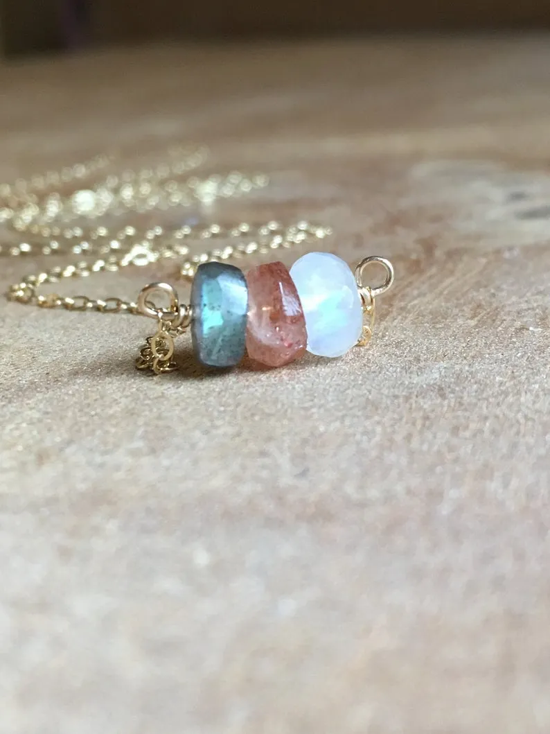 Healing Necklace - Raw Stone Necklace - Moonstone Labradorite Sunstone Necklace - Crystal Healing Jewelry - Silver or Gold