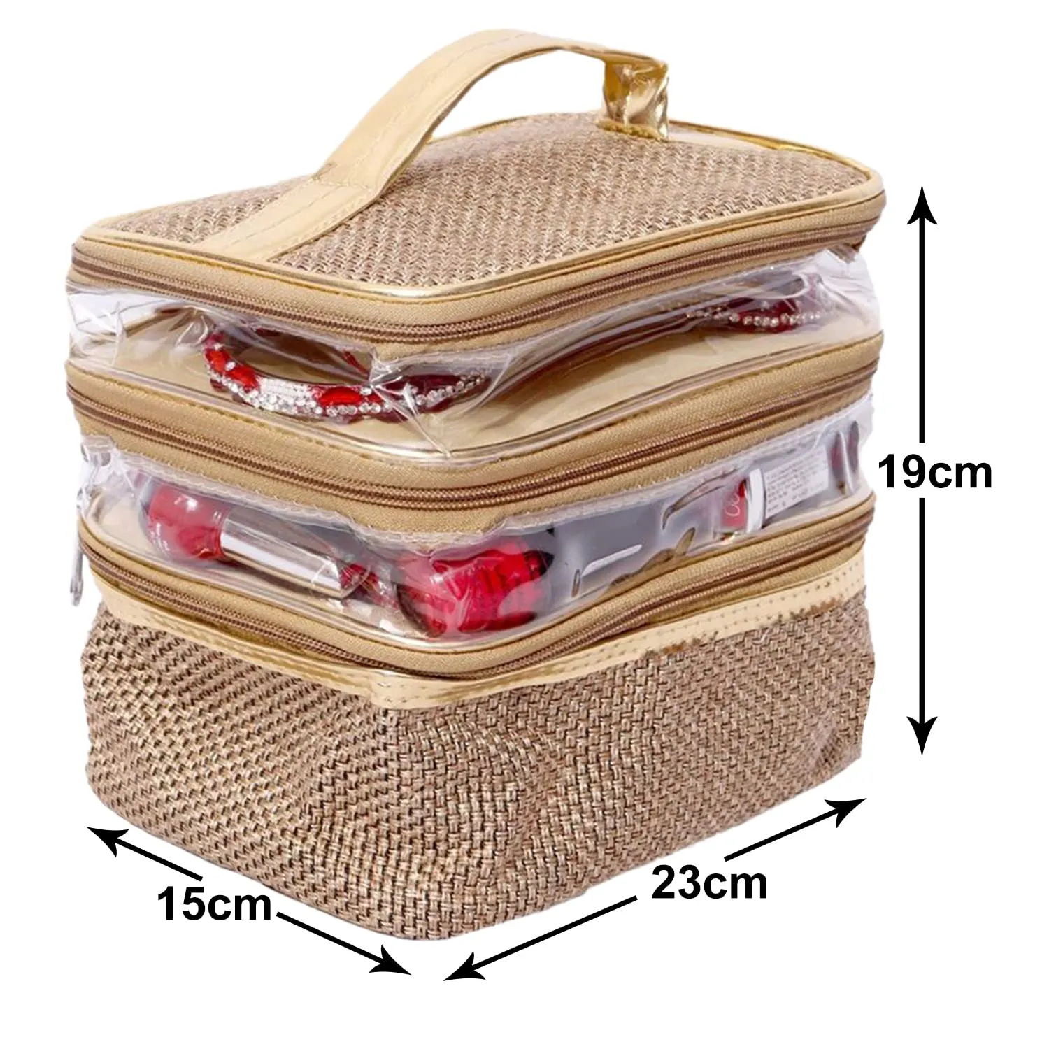 Heart Home Jute 3 Compartment Jewellery Organizer For Bangles, Small Jewellery & Cosmetic Pack Of 2 (Gold) 54HH4075.