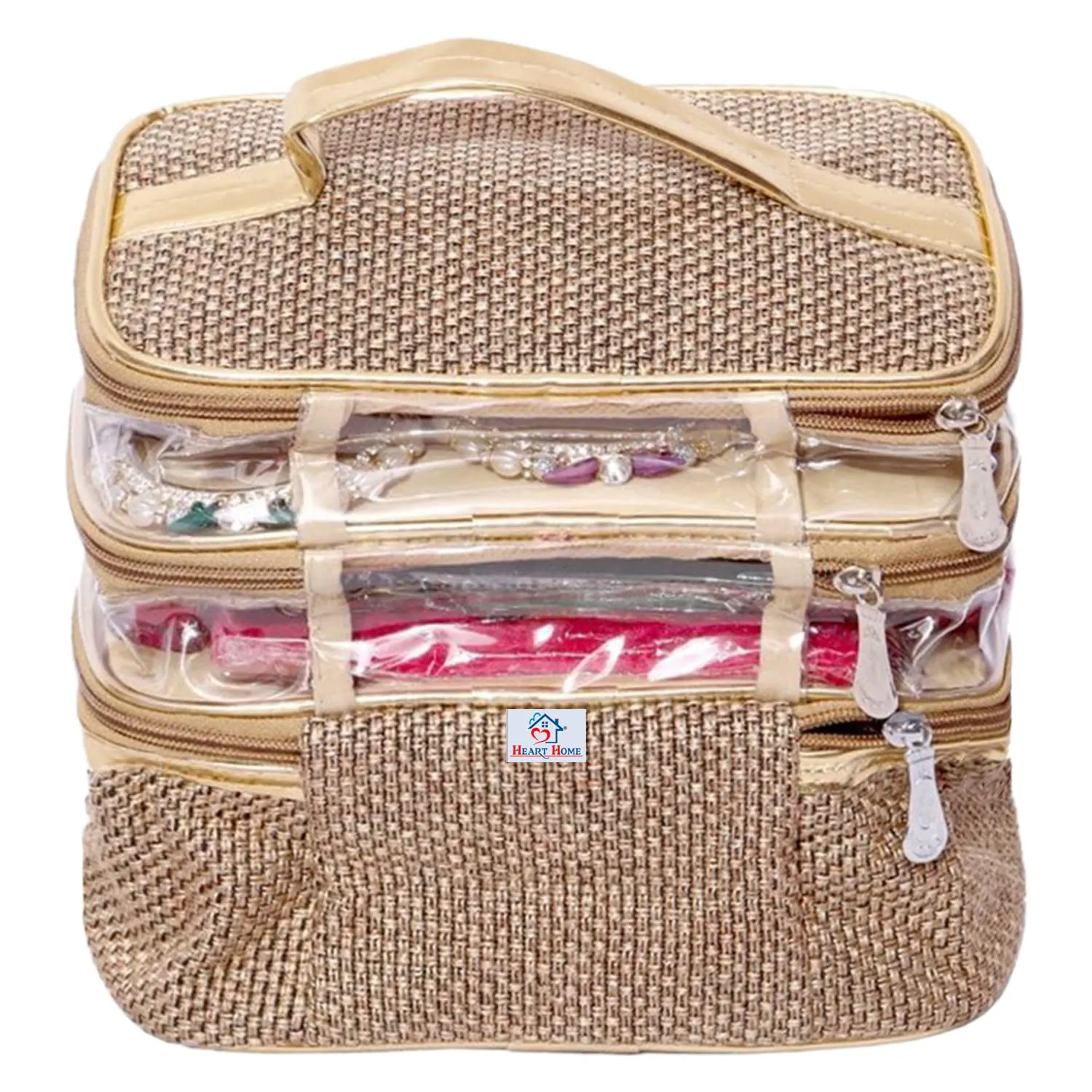 Heart Home Jute 3 Compartment Jewellery Organizer For Bangles, Small Jewellery & Cosmetic Pack Of 2 (Gold) 54HH4075.