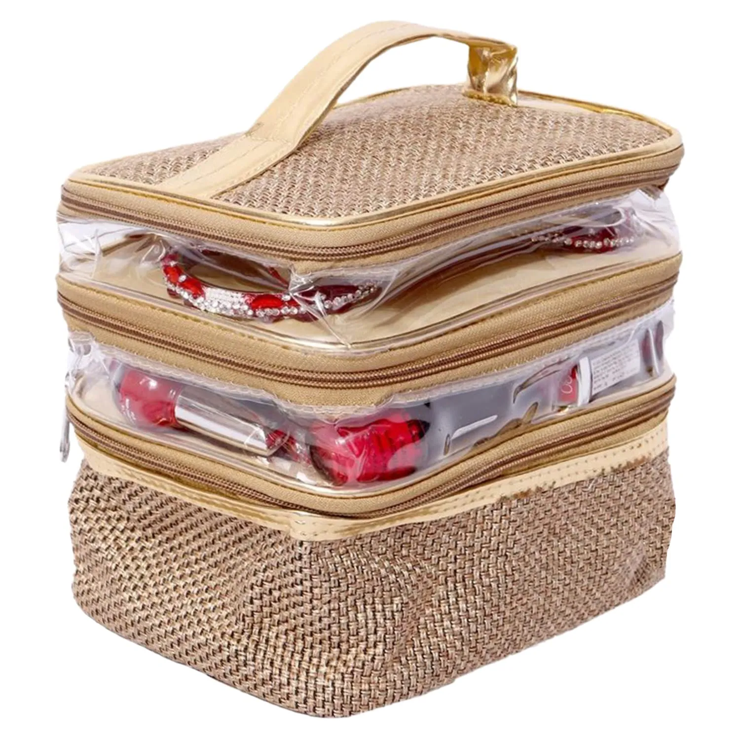 Heart Home Jute 3 Compartment Jewellery Organizer For Bangles, Small Jewellery & Cosmetic Pack Of 2 (Gold) 54HH4075.