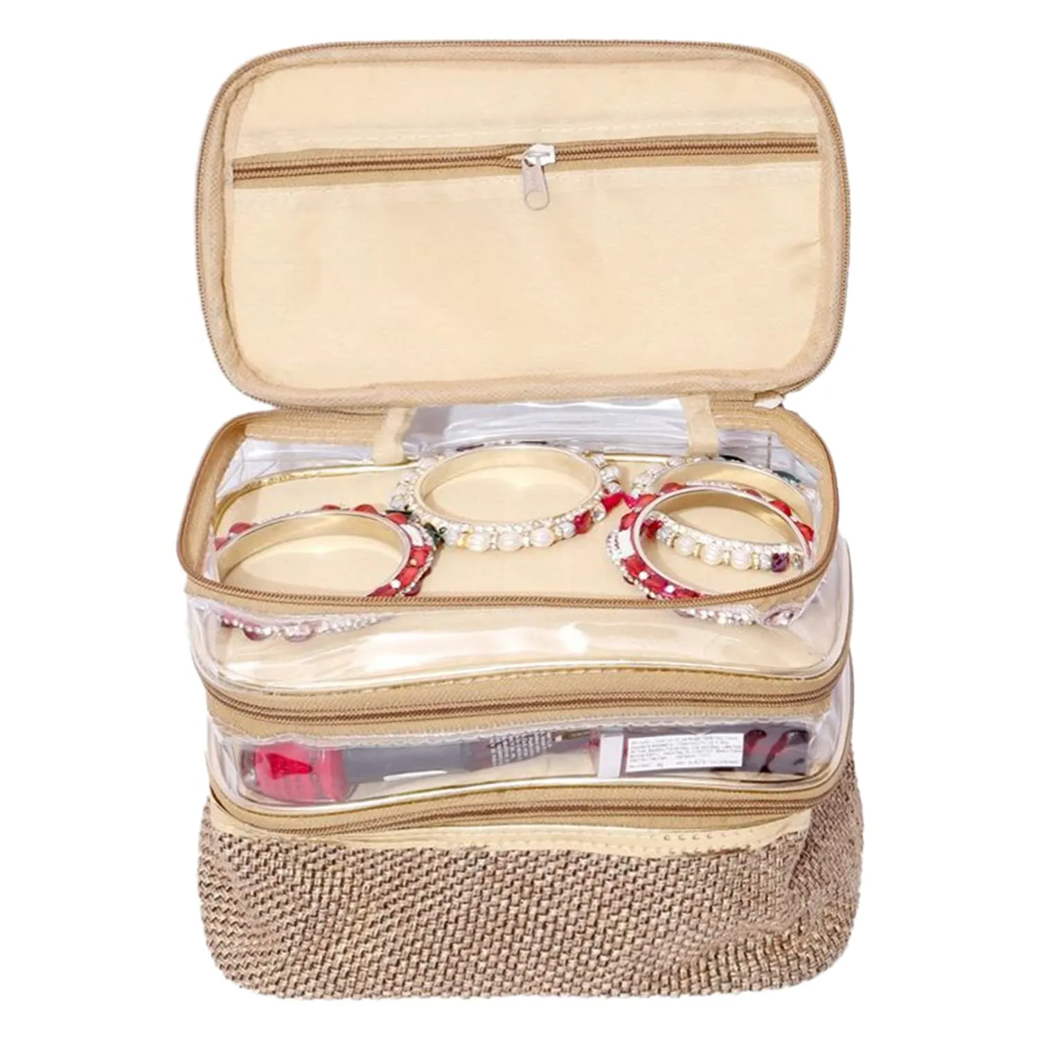 Heart Home Jute 3 Compartment Jewellery Organizer For Bangles, Small Jewellery & Cosmetic Pack Of 2 (Gold) 54HH4075.