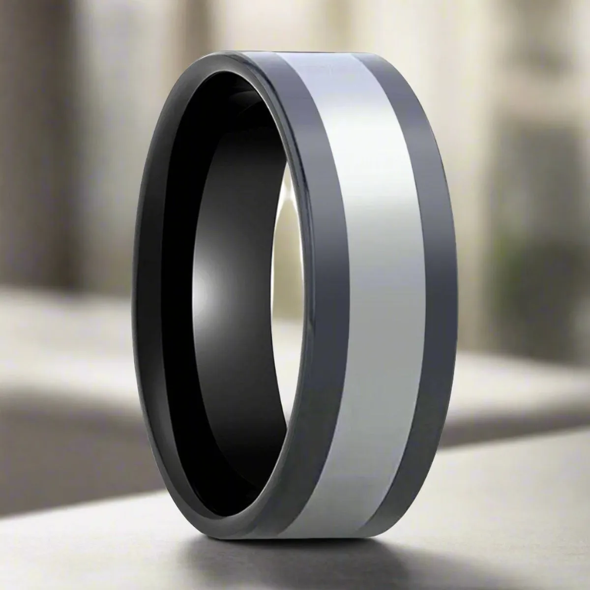 HUSKEY | Black Ceramic, Tungsten Inlay, High Polished, Flat