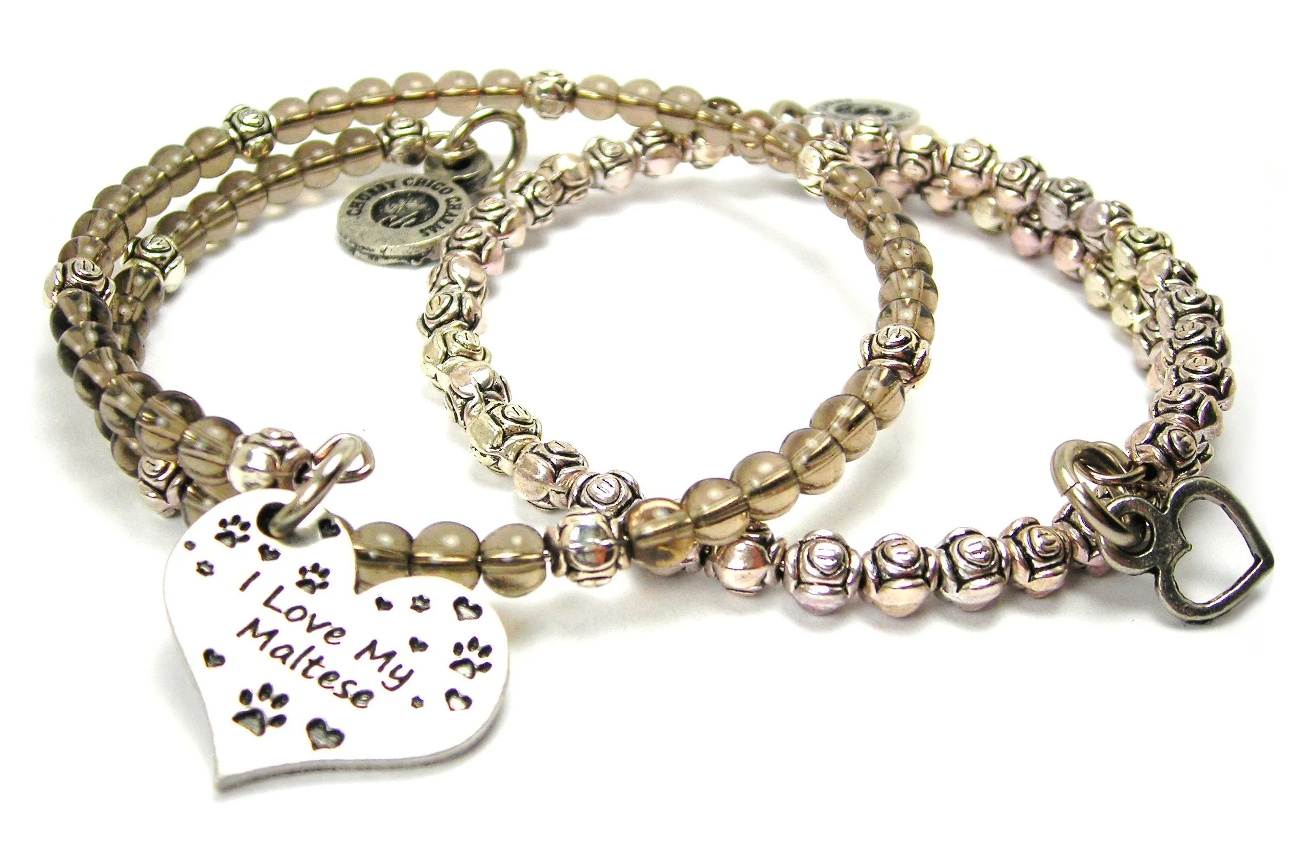 I Love My Maltese Heart Delicate Glass And Roses Wrap Bracelet Set