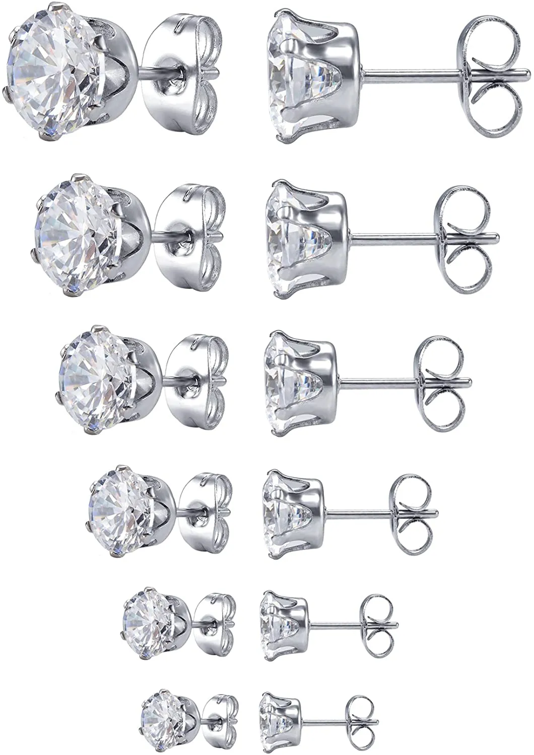 Jstyle Jewelry Women's Stainless Steel Round Clear Cubic Zirconia Stud Earring (6 Pairs)