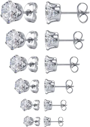 Jstyle Jewelry Women's Stainless Steel Round Clear Cubic Zirconia Stud Earring (6 Pairs)