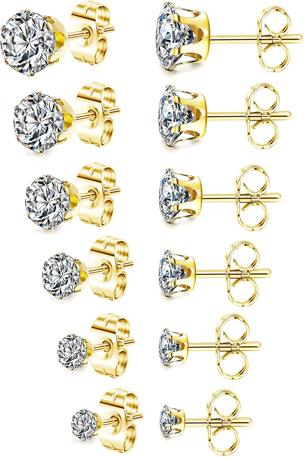 Jstyle Jewelry Women's Stainless Steel Round Clear Cubic Zirconia Stud Earring (6 Pairs)