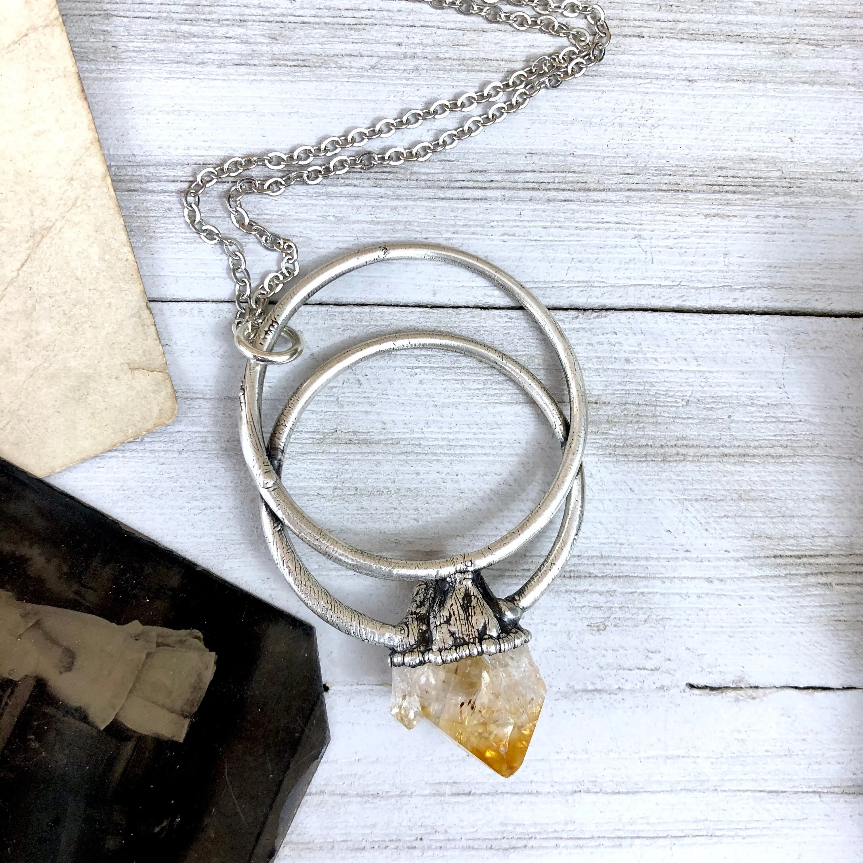 Large Raw Citrine Necklace / Big Crystal Necklace Silver