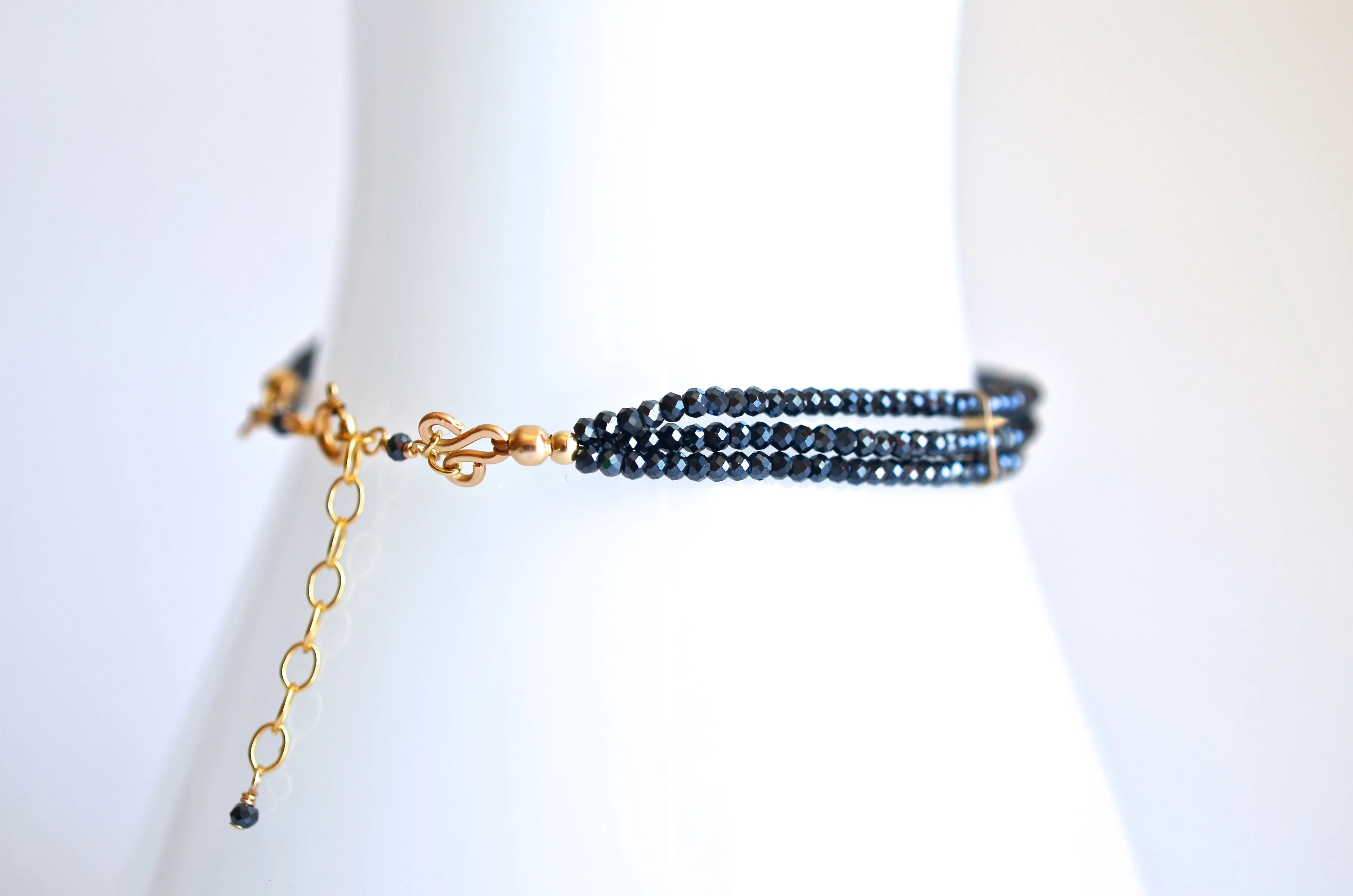 Lauren - Black Spinel Three Strand Gold Filled Bracelet