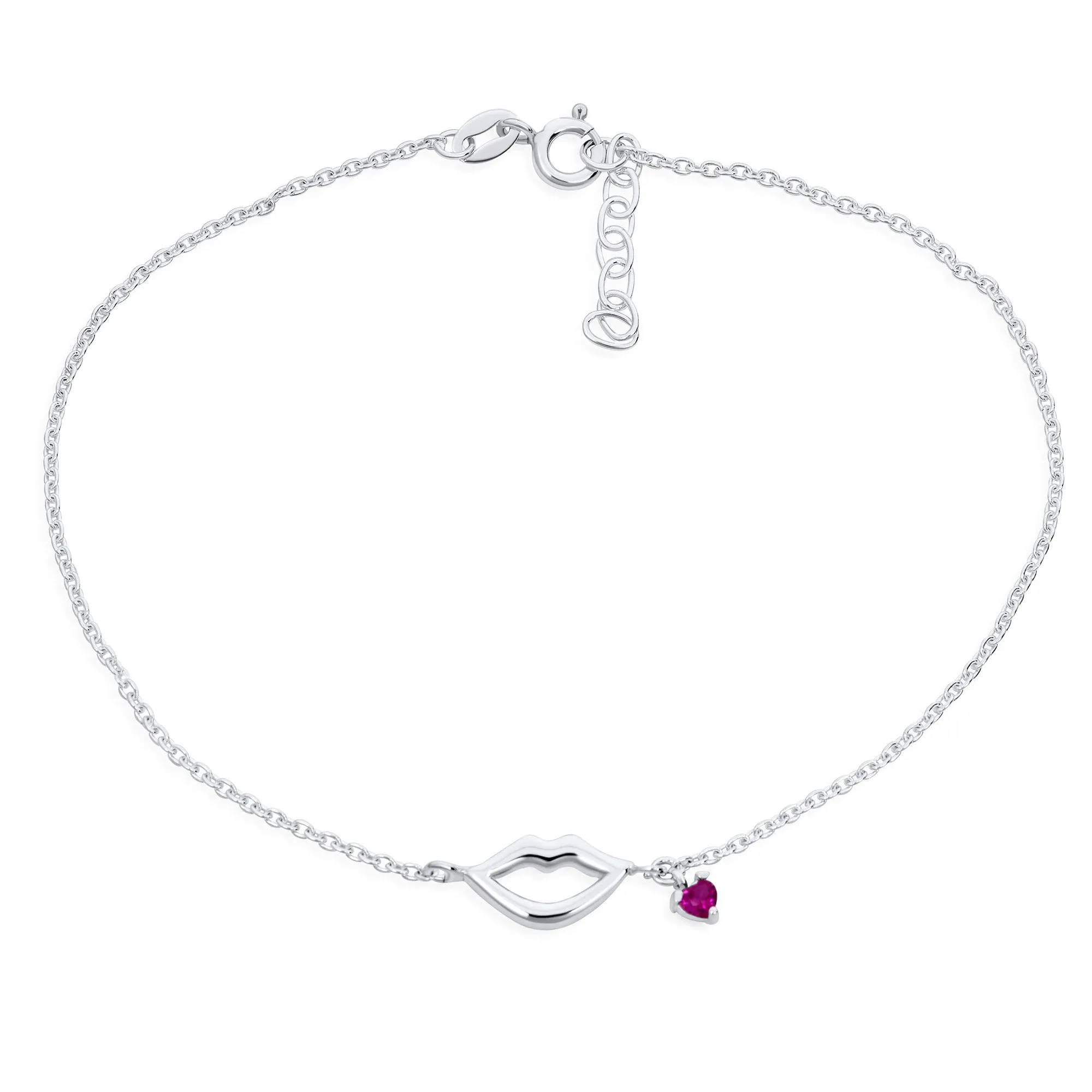 Lover Kissing Lip Heart CZ Charm Anklet Ankle Bracelet Sterling Silver