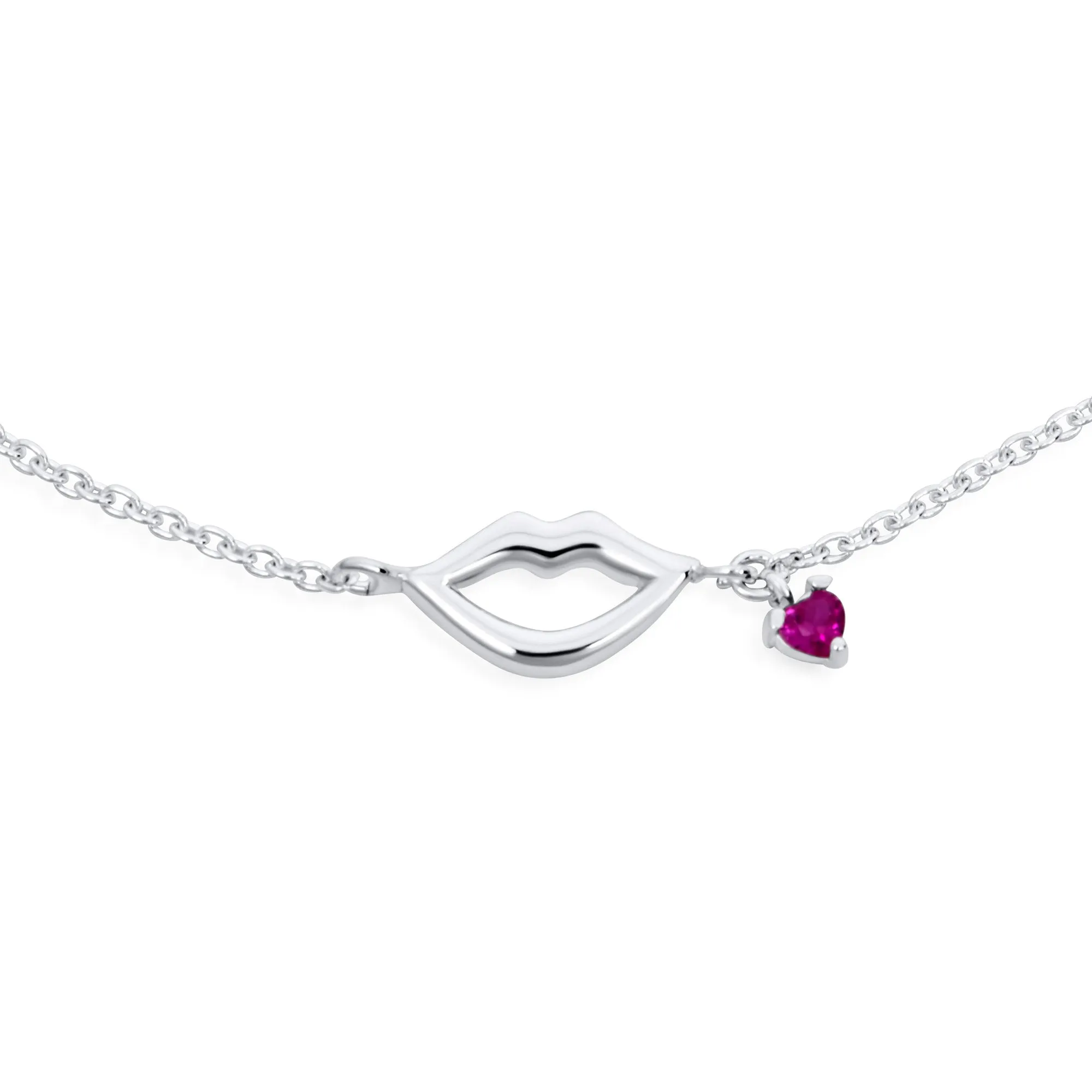 Lover Kissing Lip Heart CZ Charm Anklet Ankle Bracelet Sterling Silver