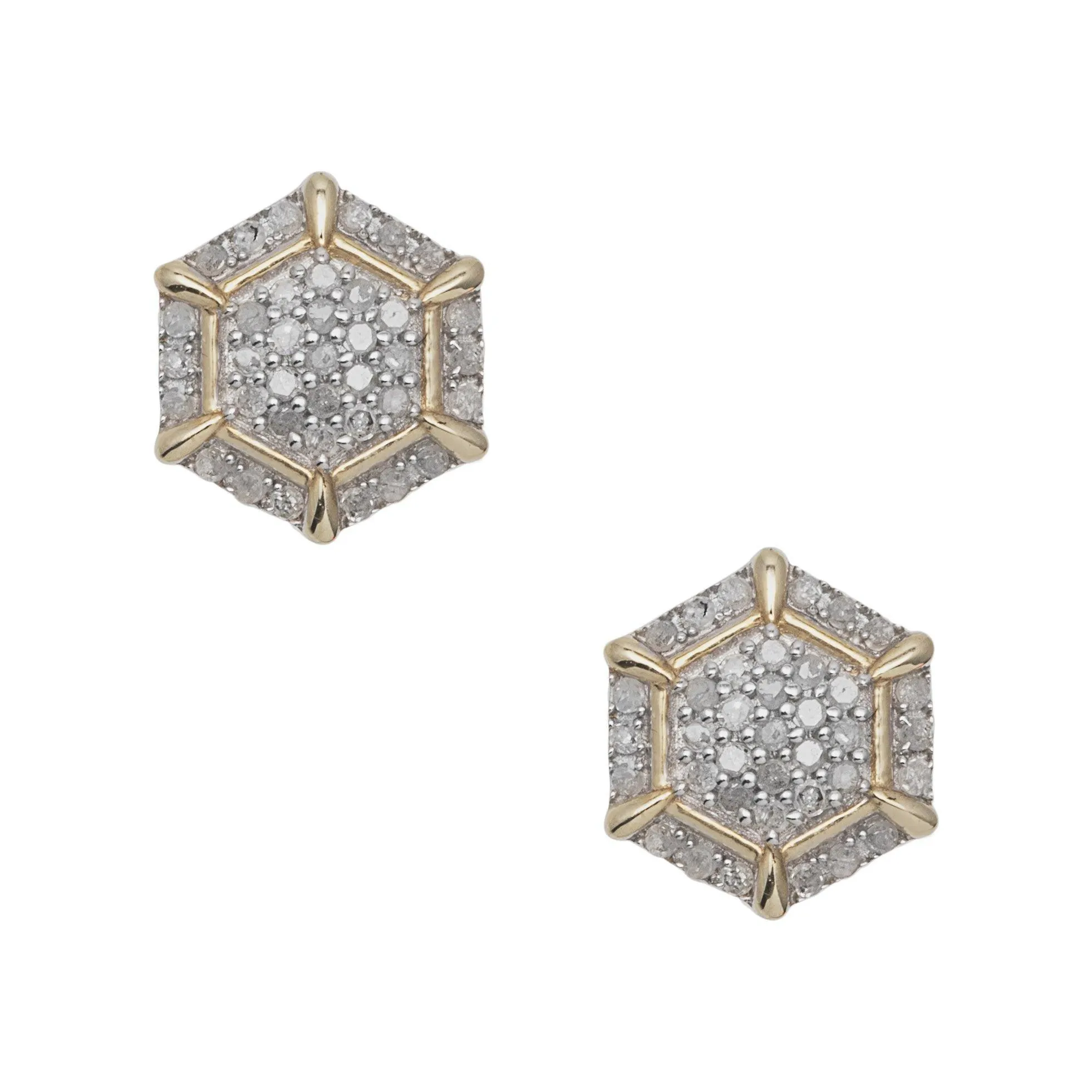 Men's Halo Micro-Pavé Hexagonal Diamond Stud Earrings 0.33ct 10K Yellow Gold