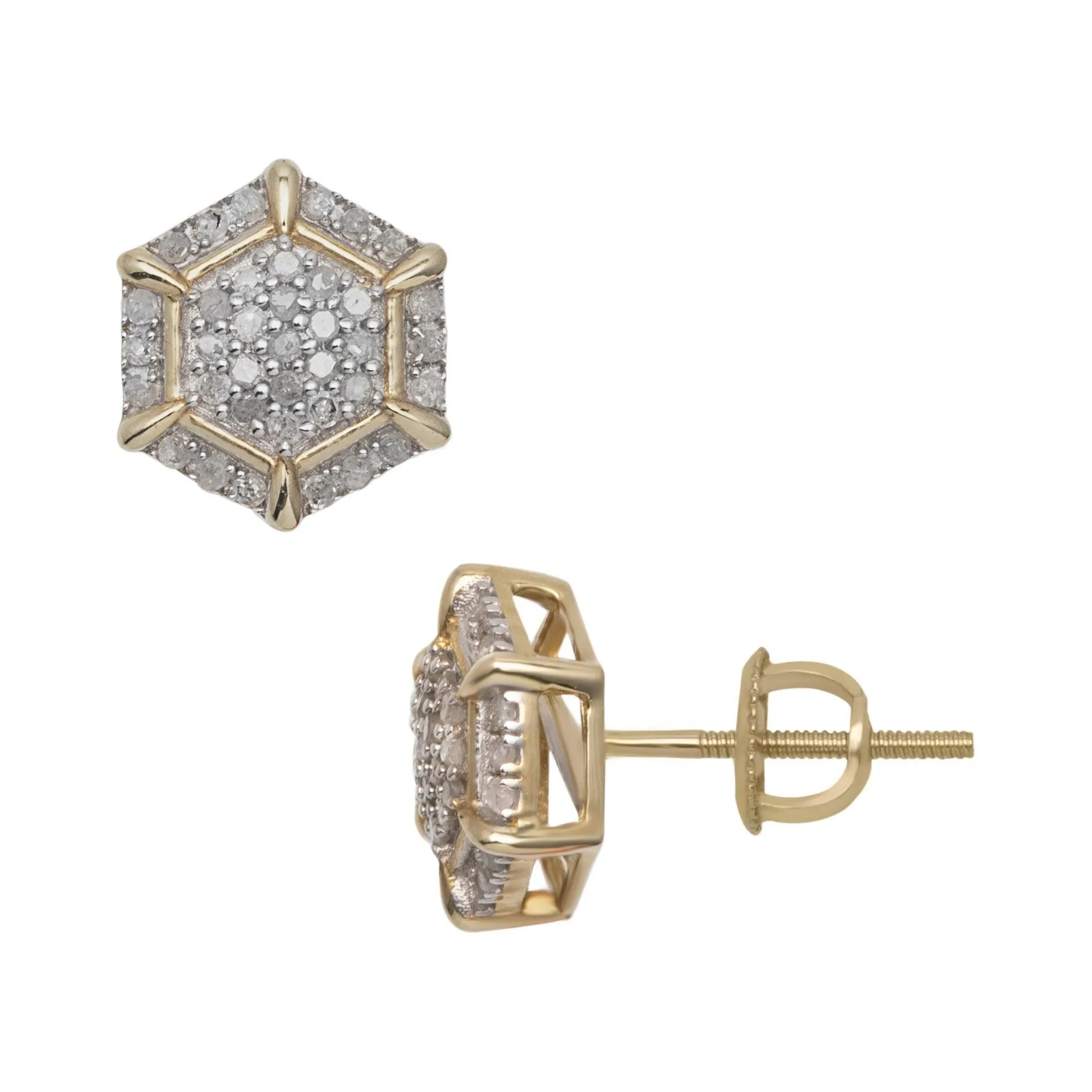 Men's Halo Micro-Pavé Hexagonal Diamond Stud Earrings 0.33ct 10K Yellow Gold