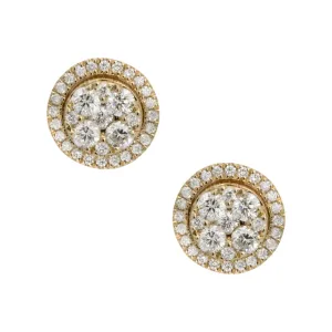 Men's Round Frame Cluster Diamond Stud Earrings 1.03ct 14K Yellow Gold