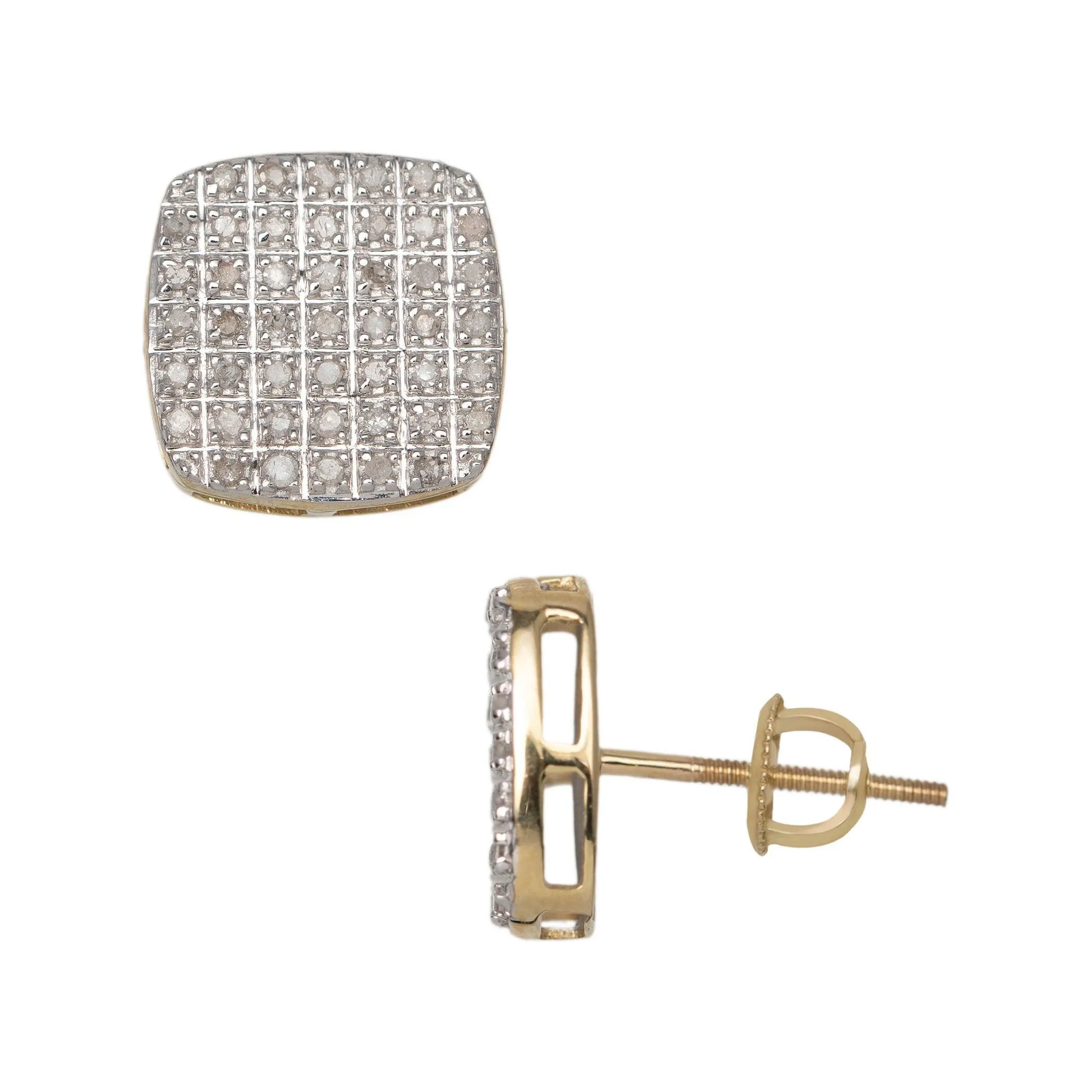 Men's Square Micro-Pavé Diamond Stud Earrings 0.32ct 10K Yellow Gold