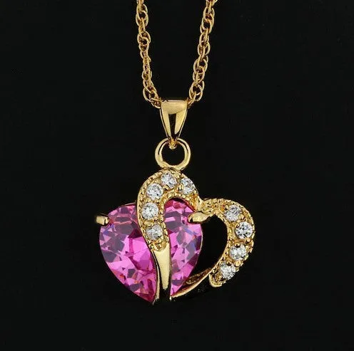 Multi-Color Heart Jewelry For Women 18K Gold Plated CZ Pendant Necklace With Chain Necklaces & Pendants