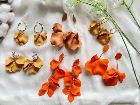 Orange - flower earrings | dangle petals statement earrings | unique golden bar floral earrings | bridal party wedding earrings